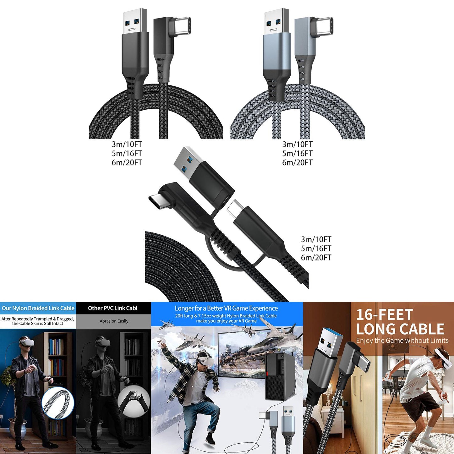 Link Cable Fast Charge 90 Degree for Quest 2 VR Headset Black 3m 10ft