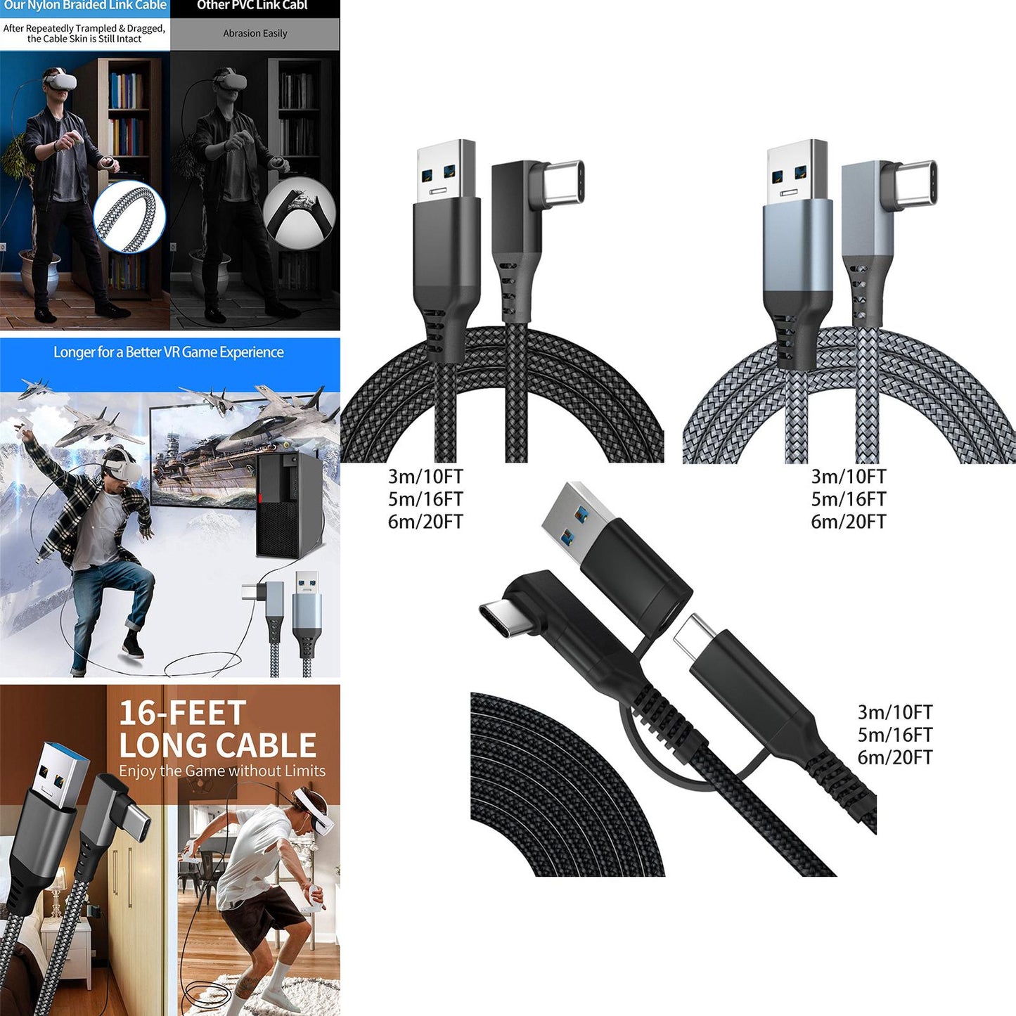 Link Cable Fast Charge 90 Degree for Quest 2 VR Headset Black 3m 10ft