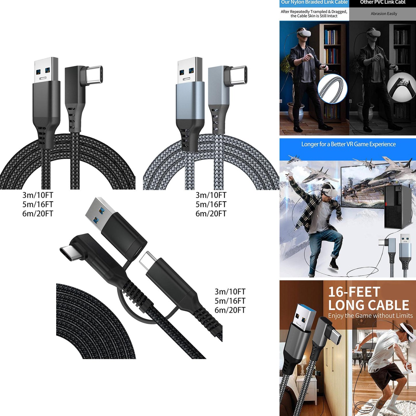 Link Cable Fast Charge 90 Degree for Quest 2 VR Headset Black 3m 10ft