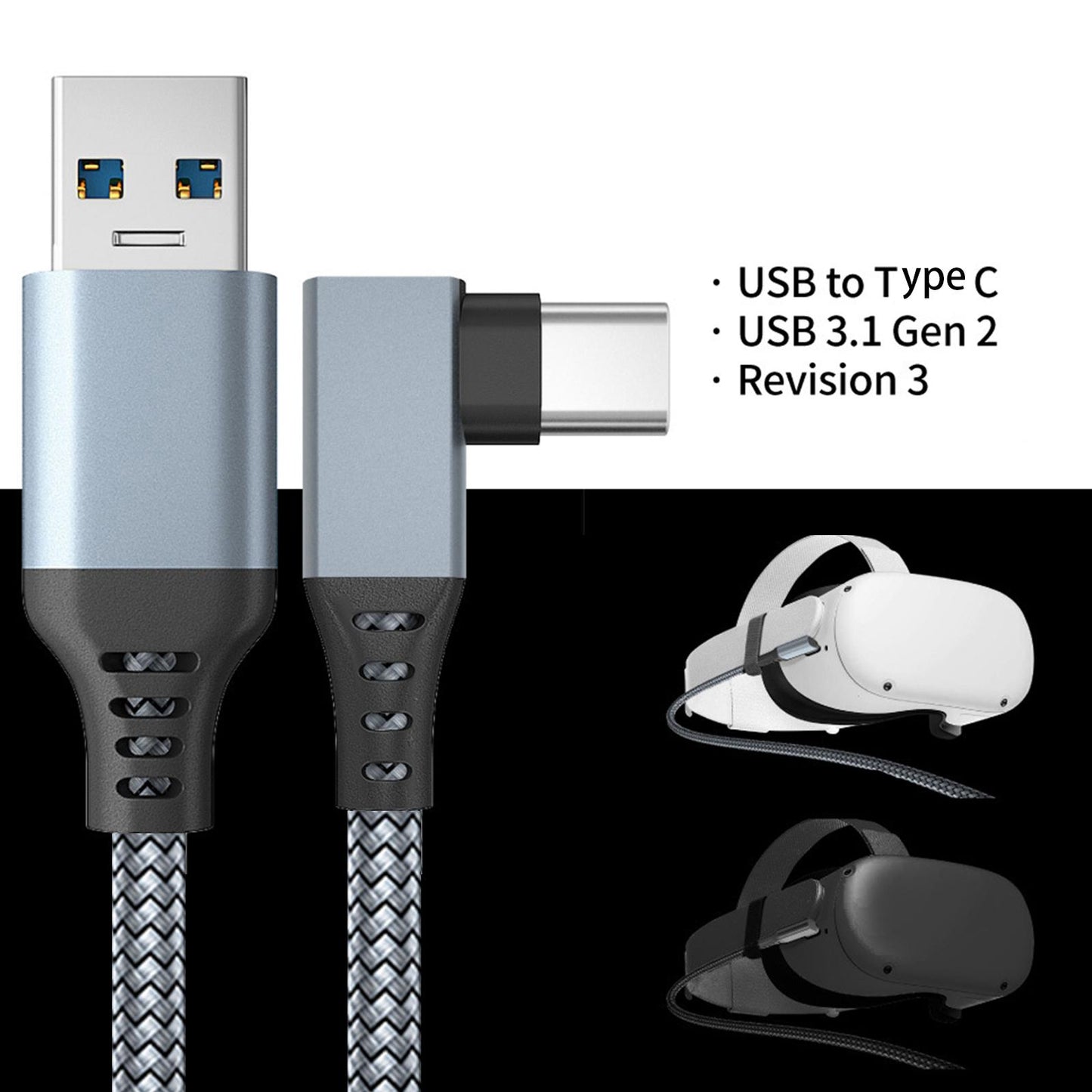 Link Cable Fast Charge 90 Degree for Quest 2 VR Headset Gray 6m 20ft