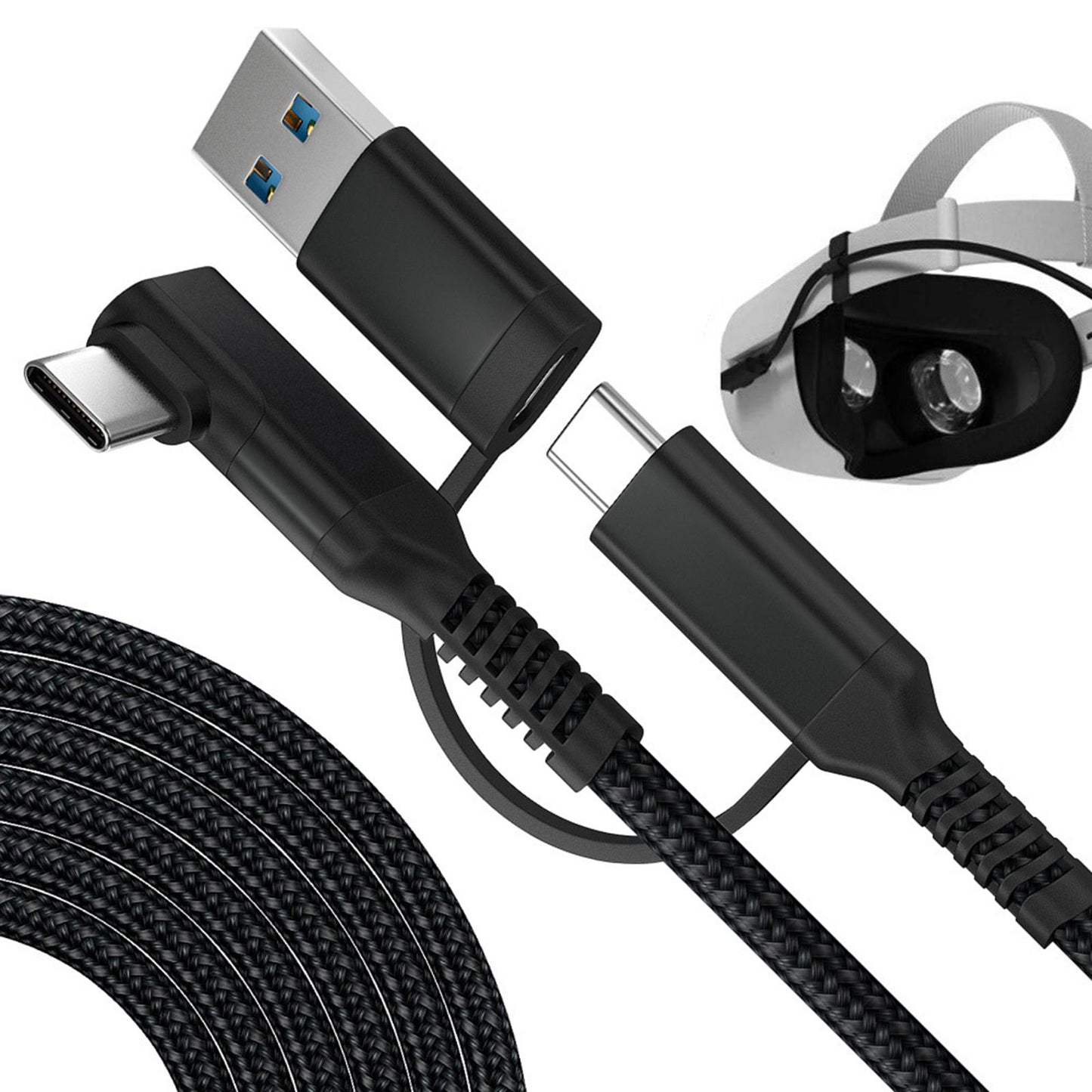 Link Cable Fast Charge 90 Degree for Quest 2 VR Headset Black 3m 10ft 2in1