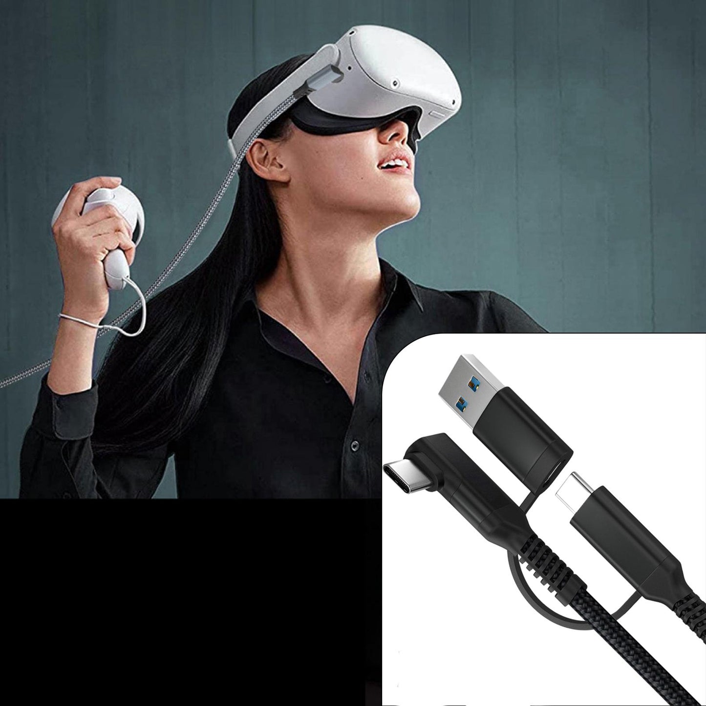 Link Cable Fast Charge 90 Degree for Quest 2 VR Headset Black 3m 10ft 2in1