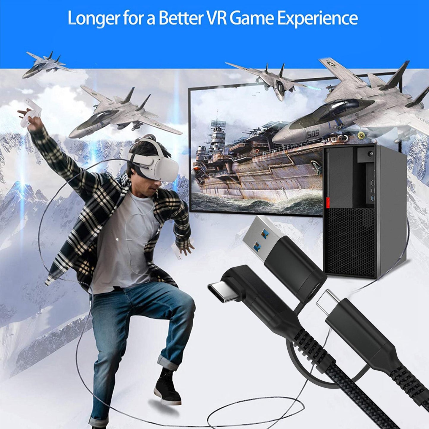 Link Cable Fast Charge 90 Degree for Quest 2 VR Headset Black 5m 16ft 2in1