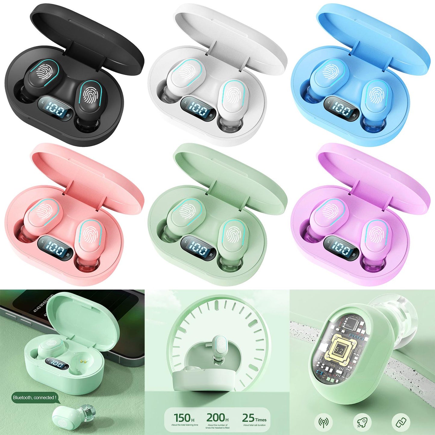 Wireless Bluetooth Earbuds 5.2 Noise Cancelling Rechargeable for Work Sport Black