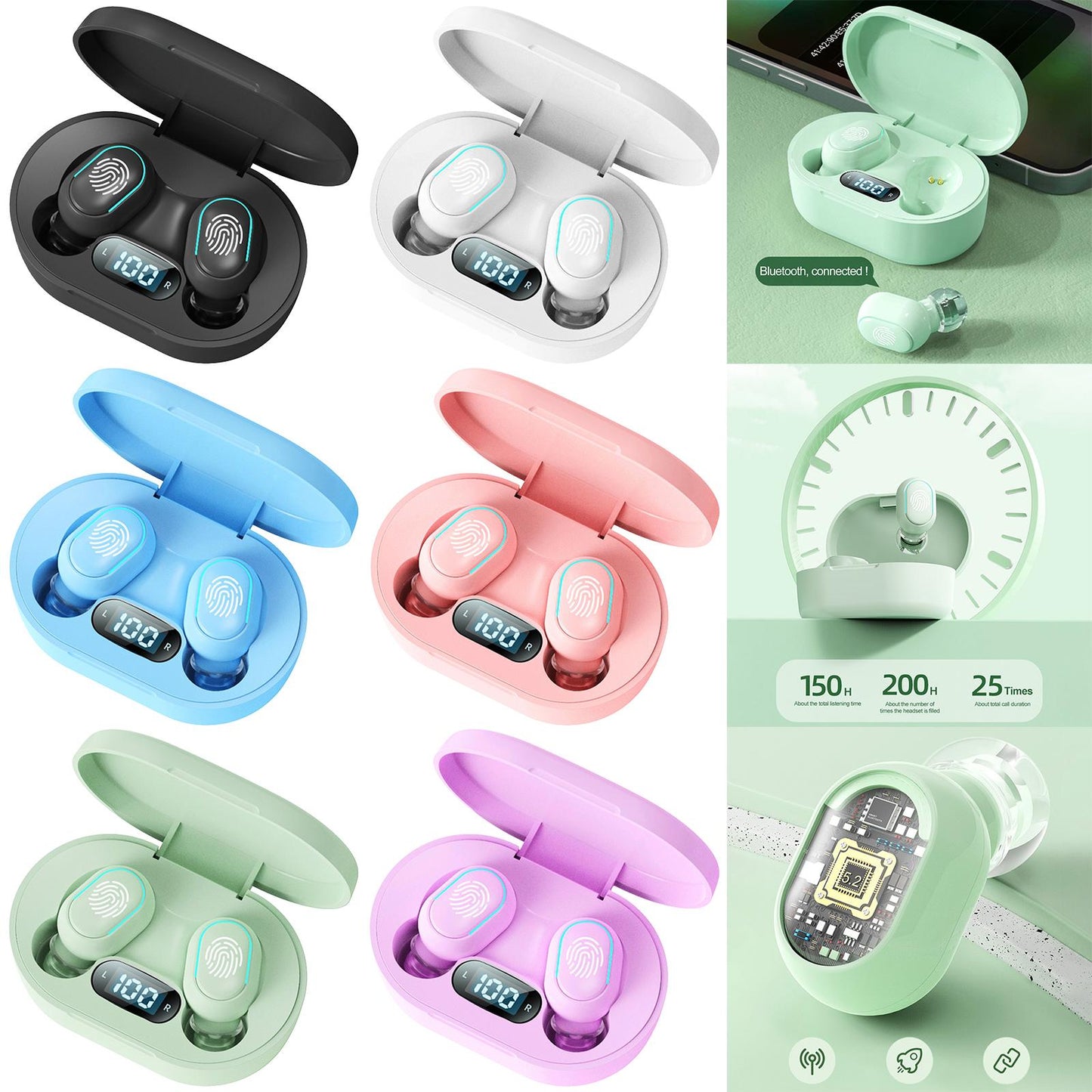 Wireless Bluetooth Earbuds 5.2 Noise Cancelling Rechargeable for Work Sport Black