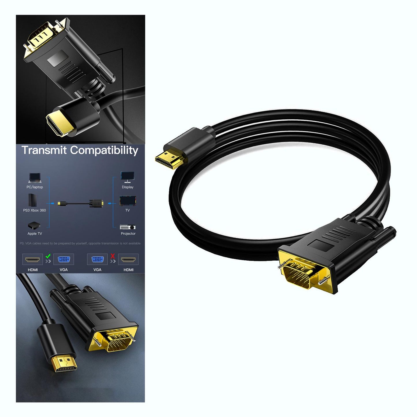 HDMI to VGA Cable 1080P HD Gold Plated Connector for PC Computer Desktop 2000mm