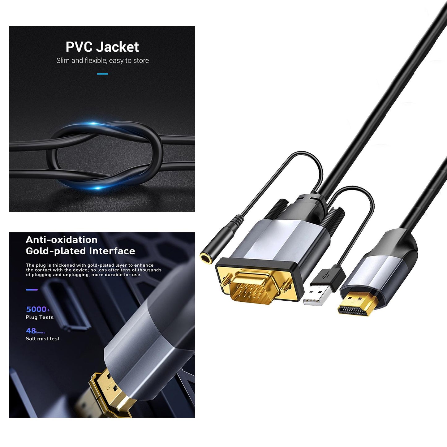 HDMI to VGA Cable with USB Power Male to Male for Desktop Monitor 1.8m