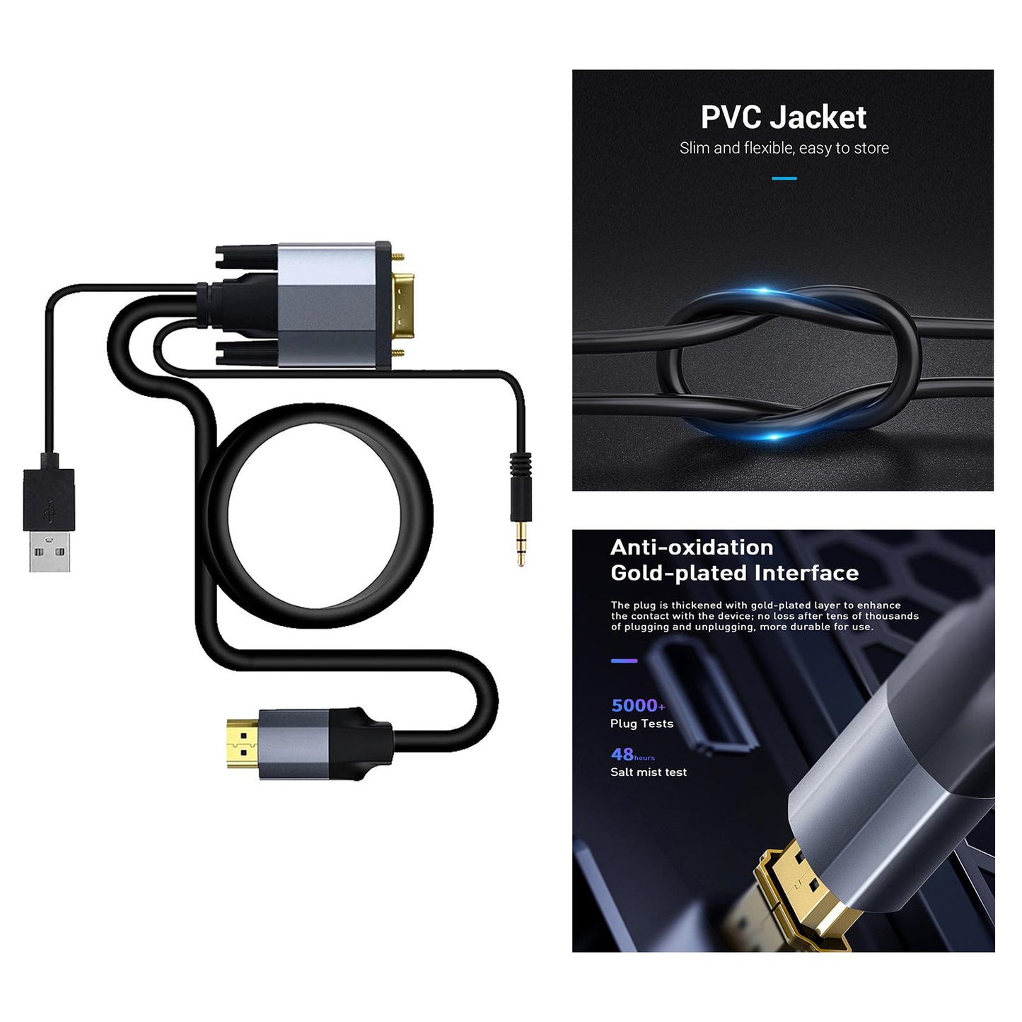 VGA to HDMI Converter Cable with Audio 1080P for TV Boxes Computer Monitor 2m