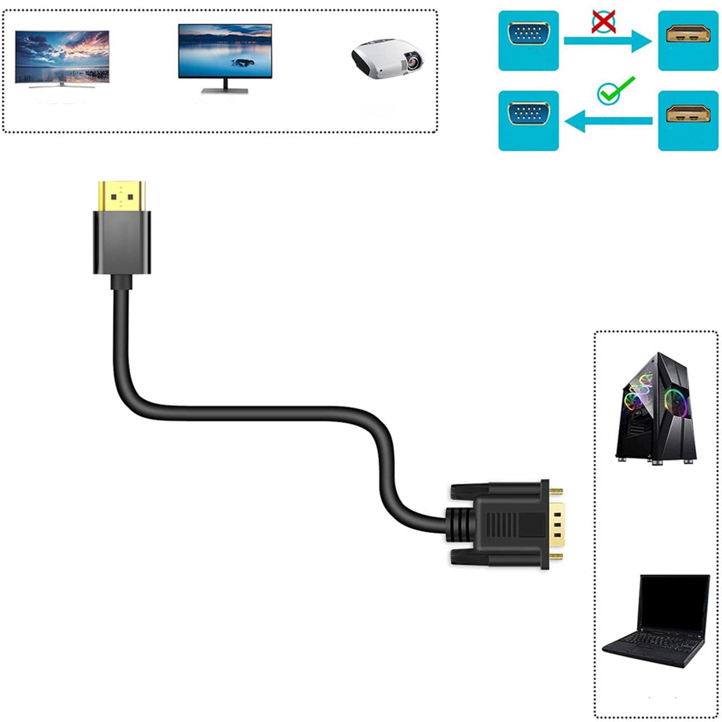 HDMI to VGA Cable Male to Male uni directional for Laptop PC Monitor 1.8m