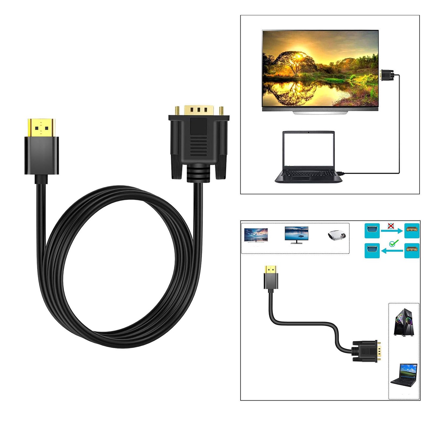 HDMI to VGA Cable Male to Male uni directional for Laptop PC Monitor 1.8m
