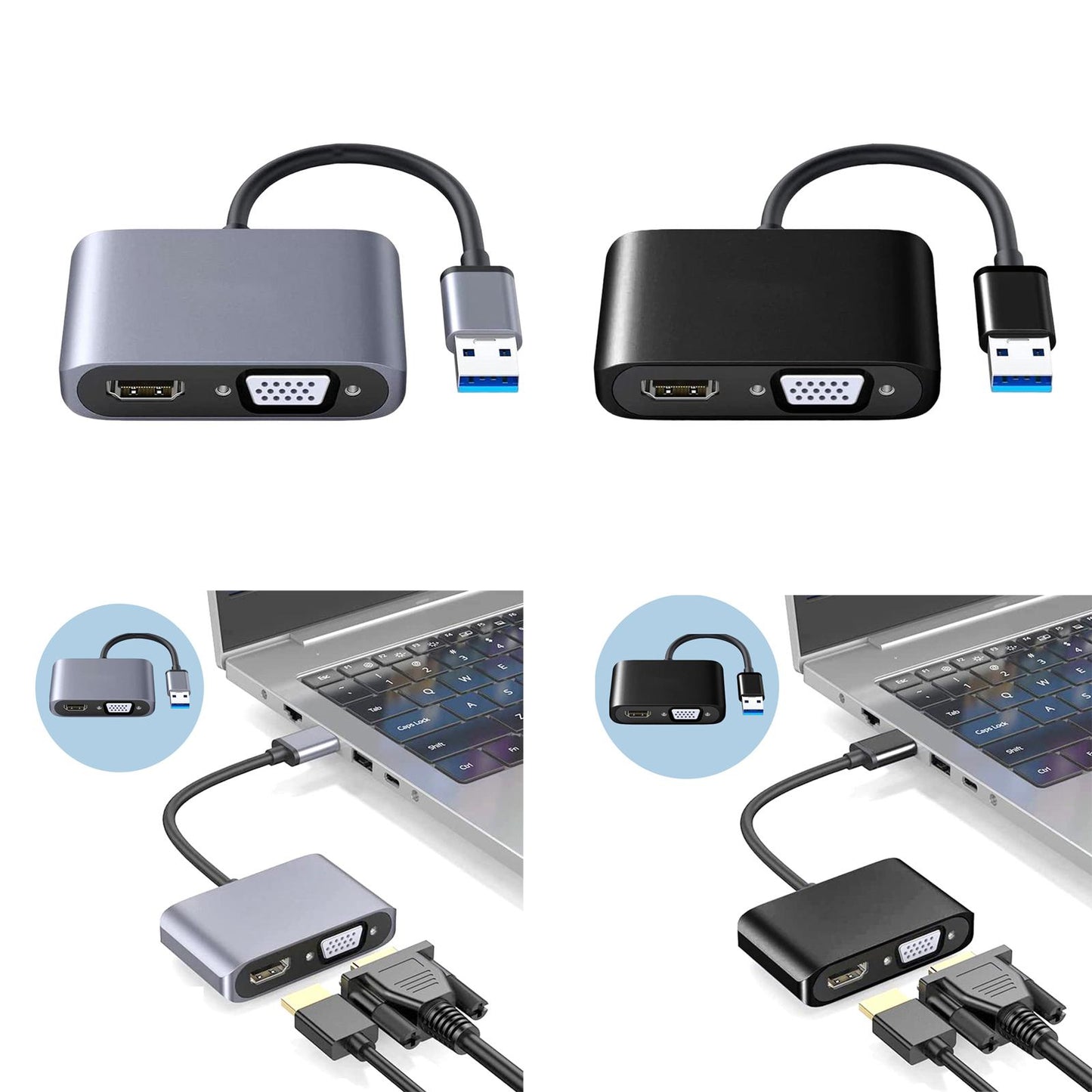 USB 3.0 to HDMI VGA Adapter HD 1080P Dual Output for Desktop Monitor PC Gray