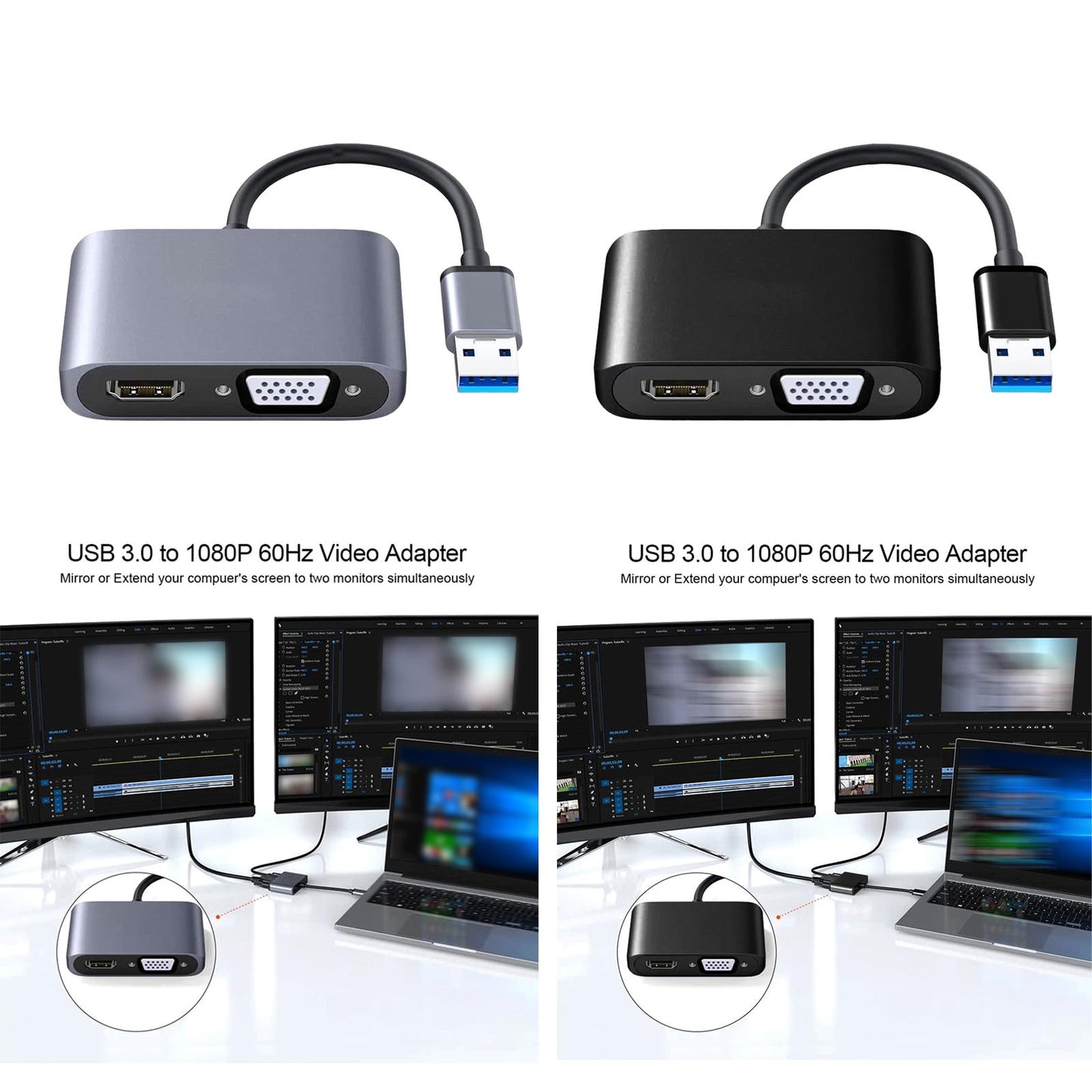 USB 3.0 to HDMI VGA Adapter HD 1080P Dual Output for Desktop Monitor PC Gray