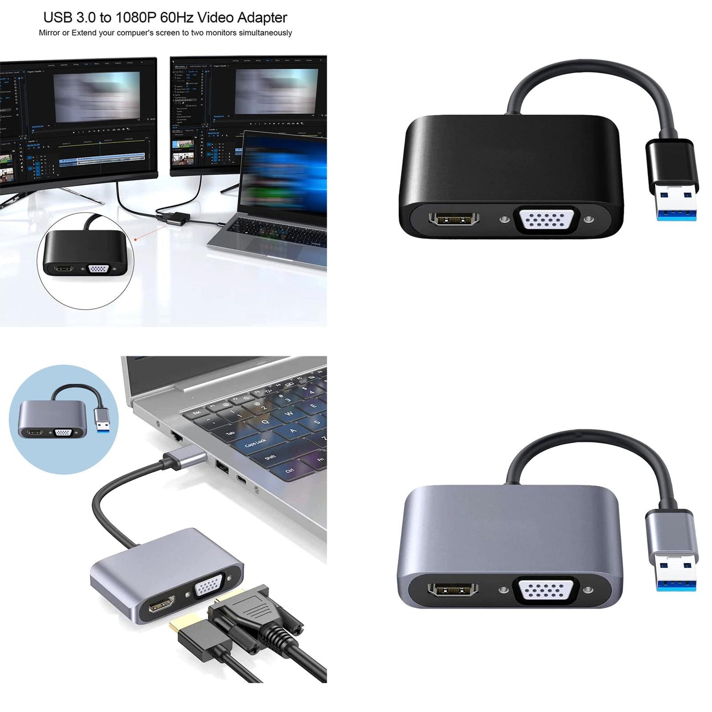 USB 3.0 to HDMI VGA Adapter HD 1080P Dual Output for Desktop Monitor PC Gray