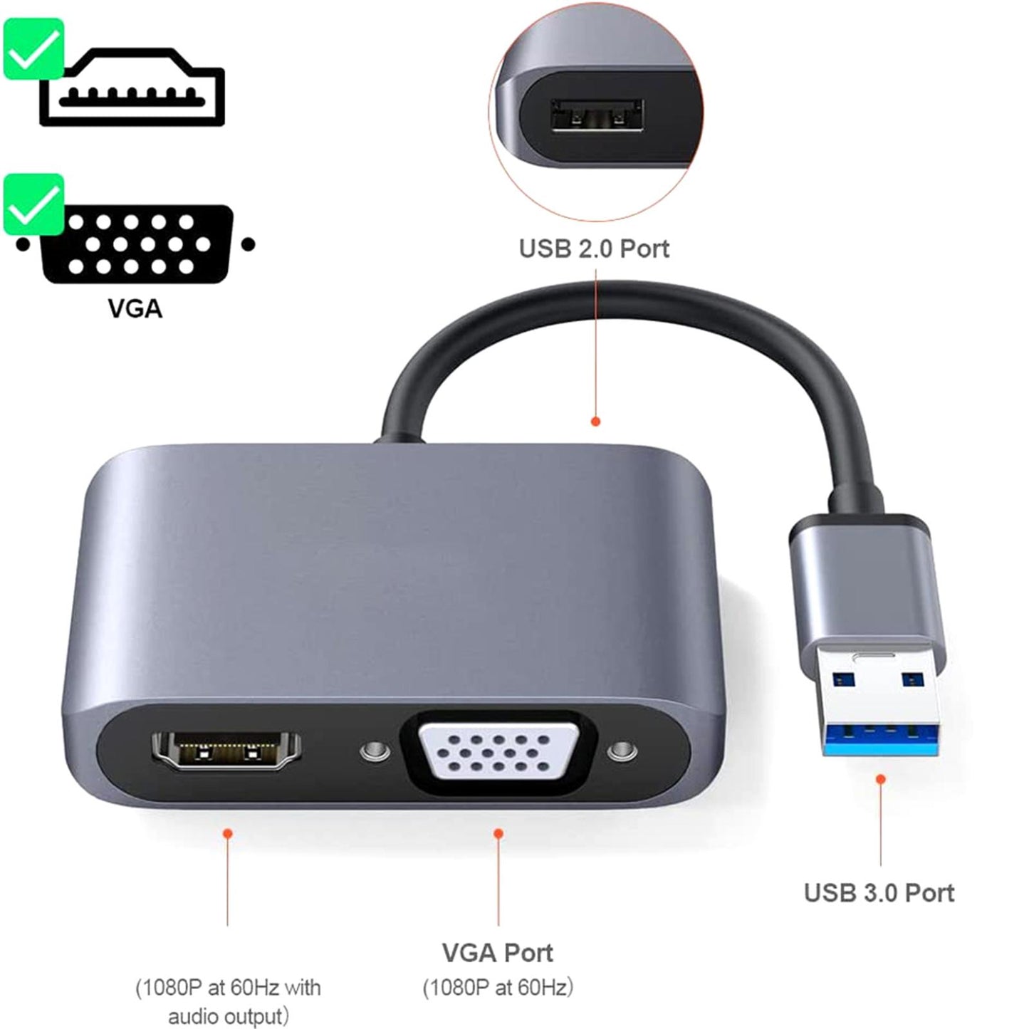 USB 3.0 to HDMI VGA Adapter HD 1080P Dual Output for Desktop Monitor PC Gray