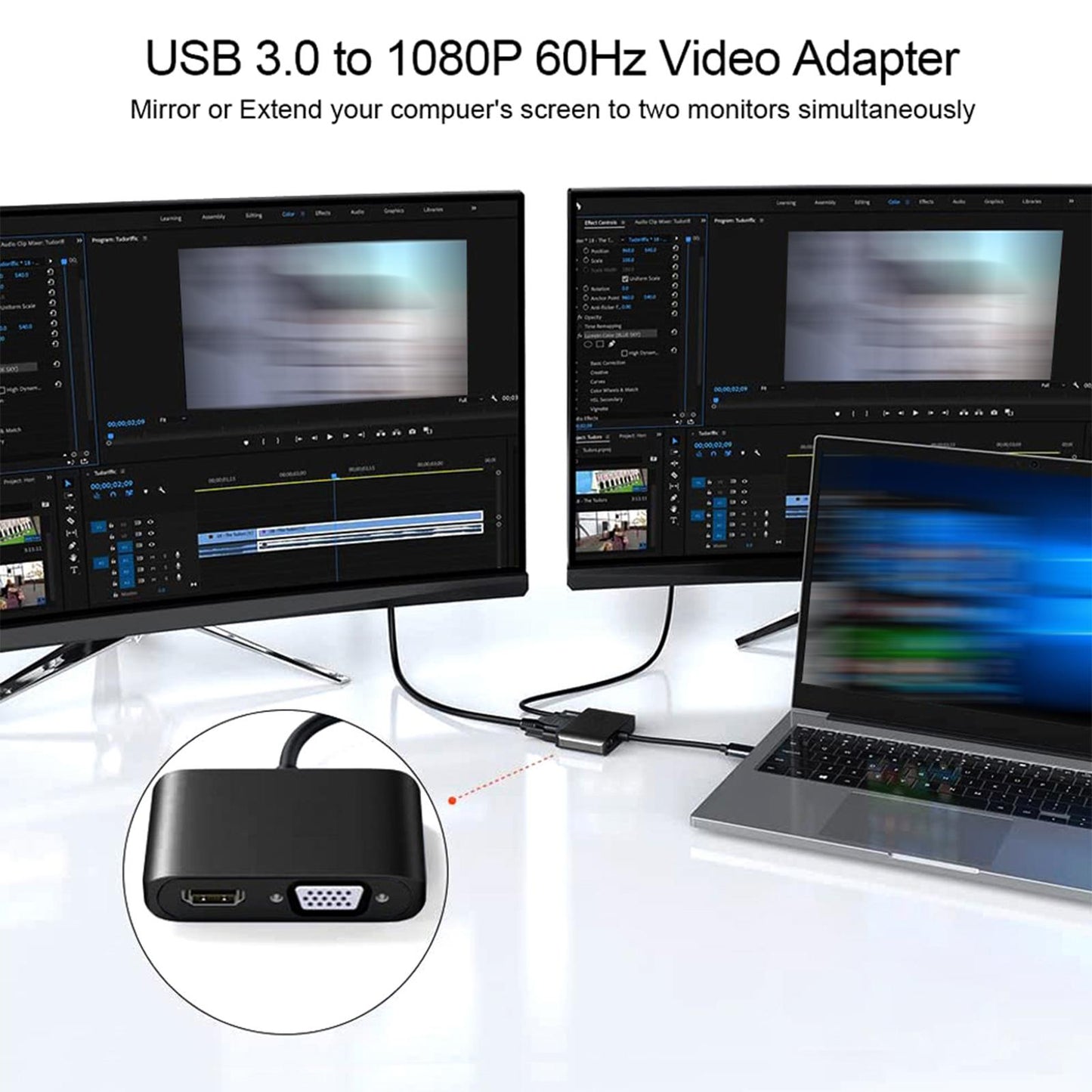 USB 3.0 to HDMI VGA Adapter HD 1080P Dual Output for Desktop Monitor PC Black