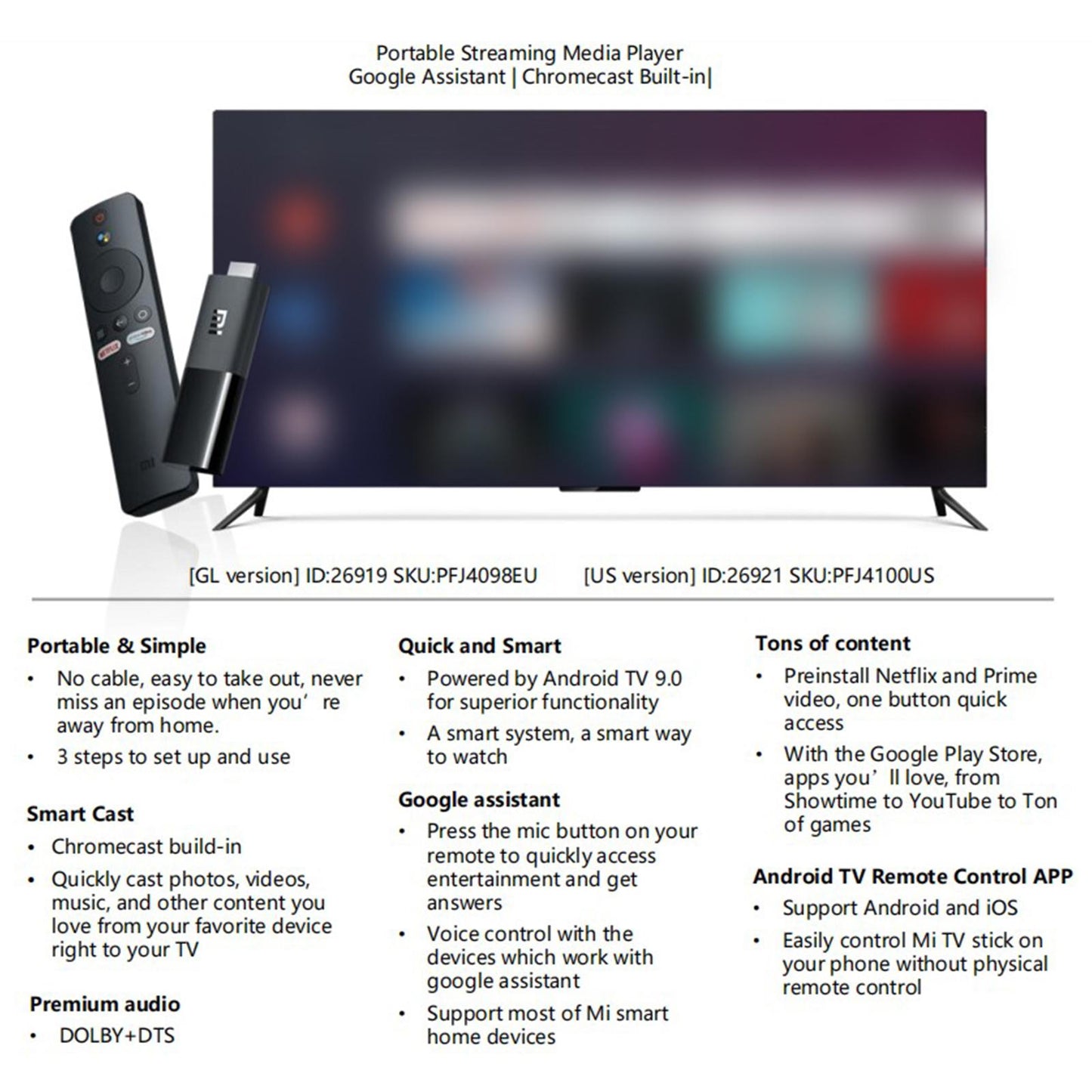 Xiaomi TV Stick 8GB ROM H.264 1GB RAM Portable for Android 9.0 1080P