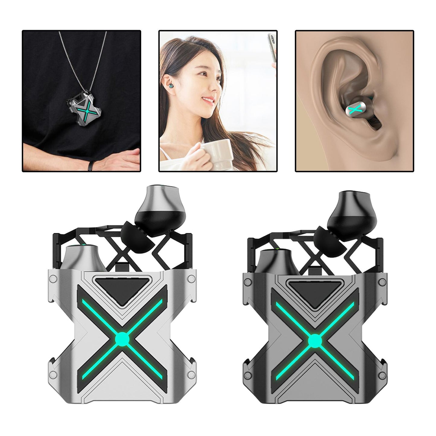 Portable Wireless BT Gaming Earphones Auto Pairing for Business Home Silver