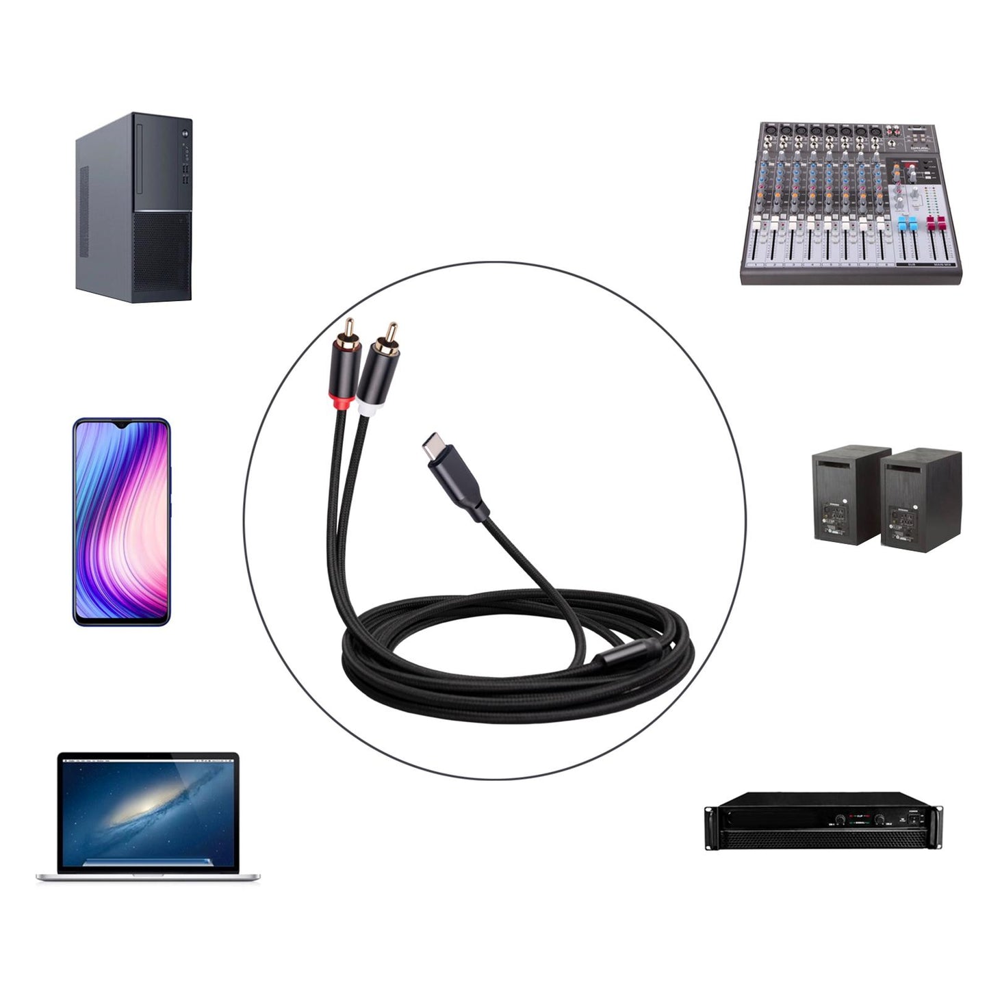 Type C to Dual RCA High Compatibility Audio for Mixers Phones Amplifiers 2m