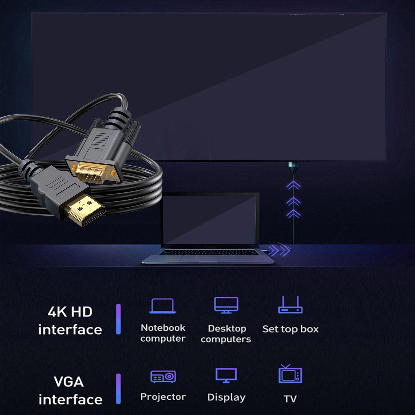 1080P HDMI to VGA Cable uni directional Video Cord for Notebook Desktop 0.5m