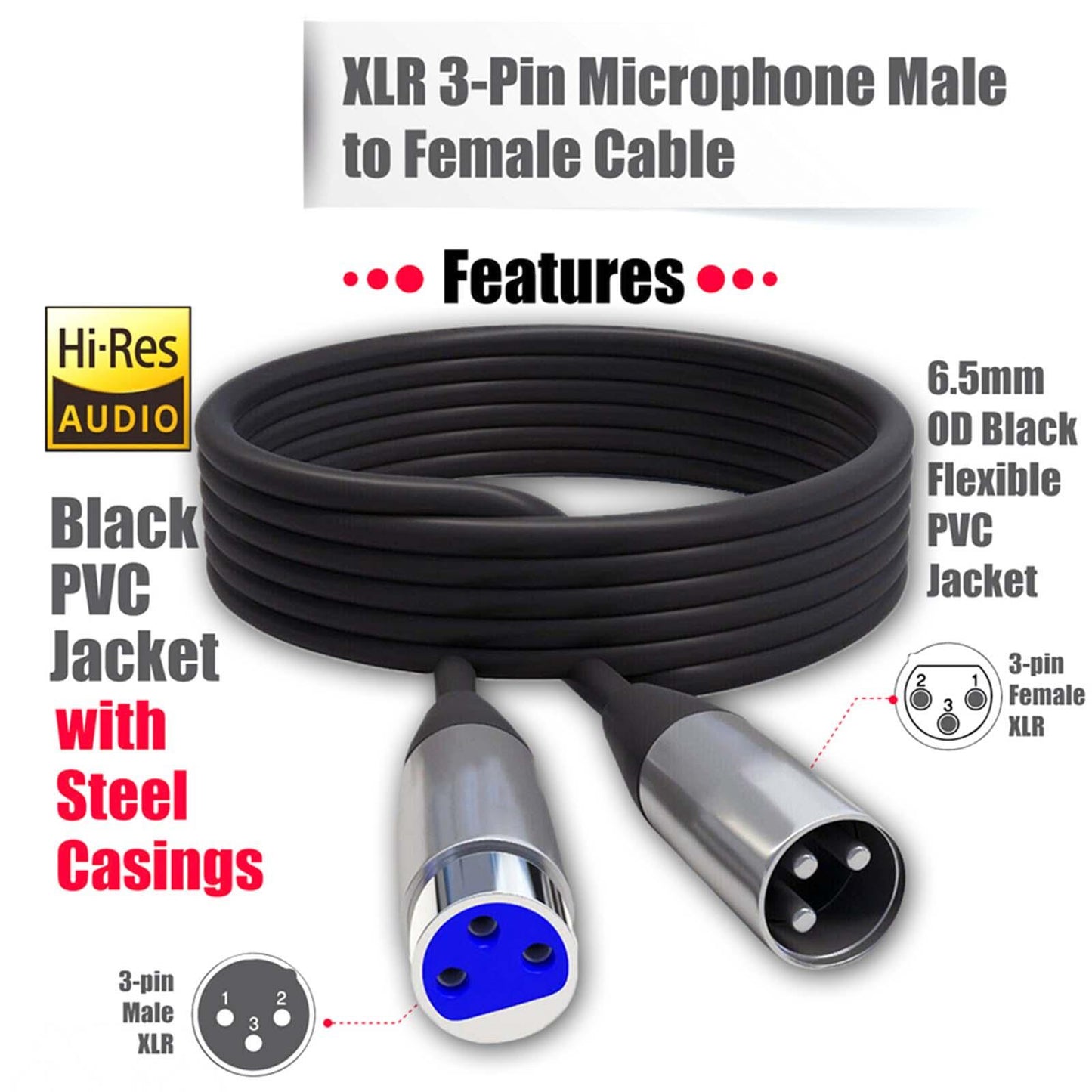 XLR Microphone Cable Black Microphone Extension Cable for Microphone Cord 3m