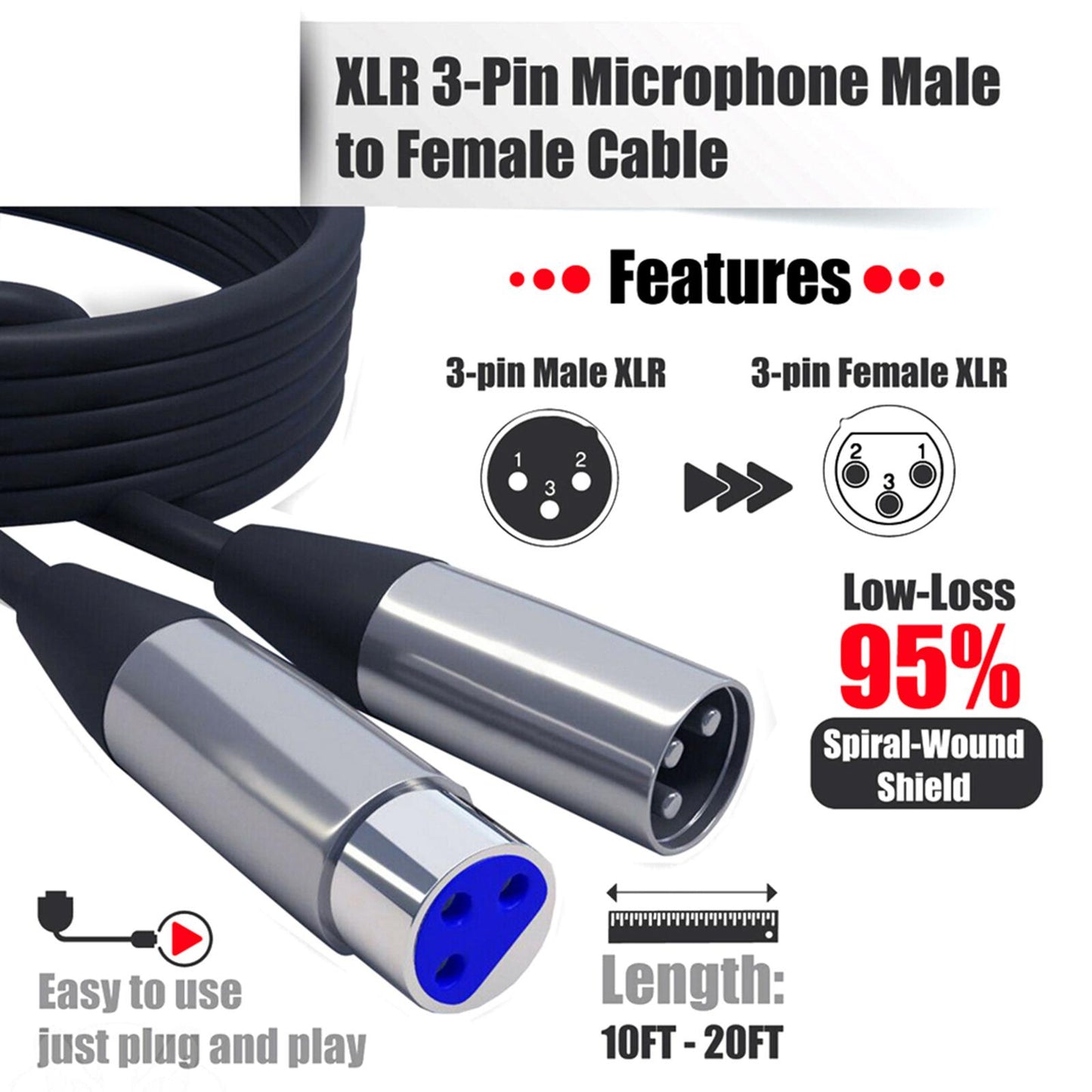 XLR Microphone Cable Black Microphone Extension Cable for Microphone Cord 3m