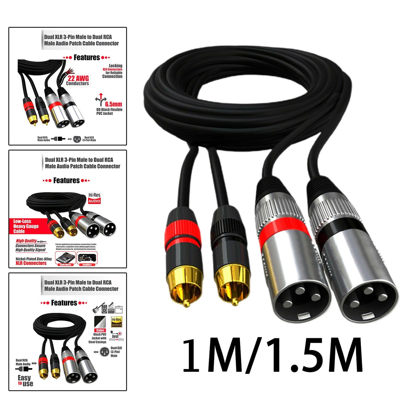 Dual RCA Male to Dual XLR Male Cable Splitter for Studio Monitor Amplifier 1m