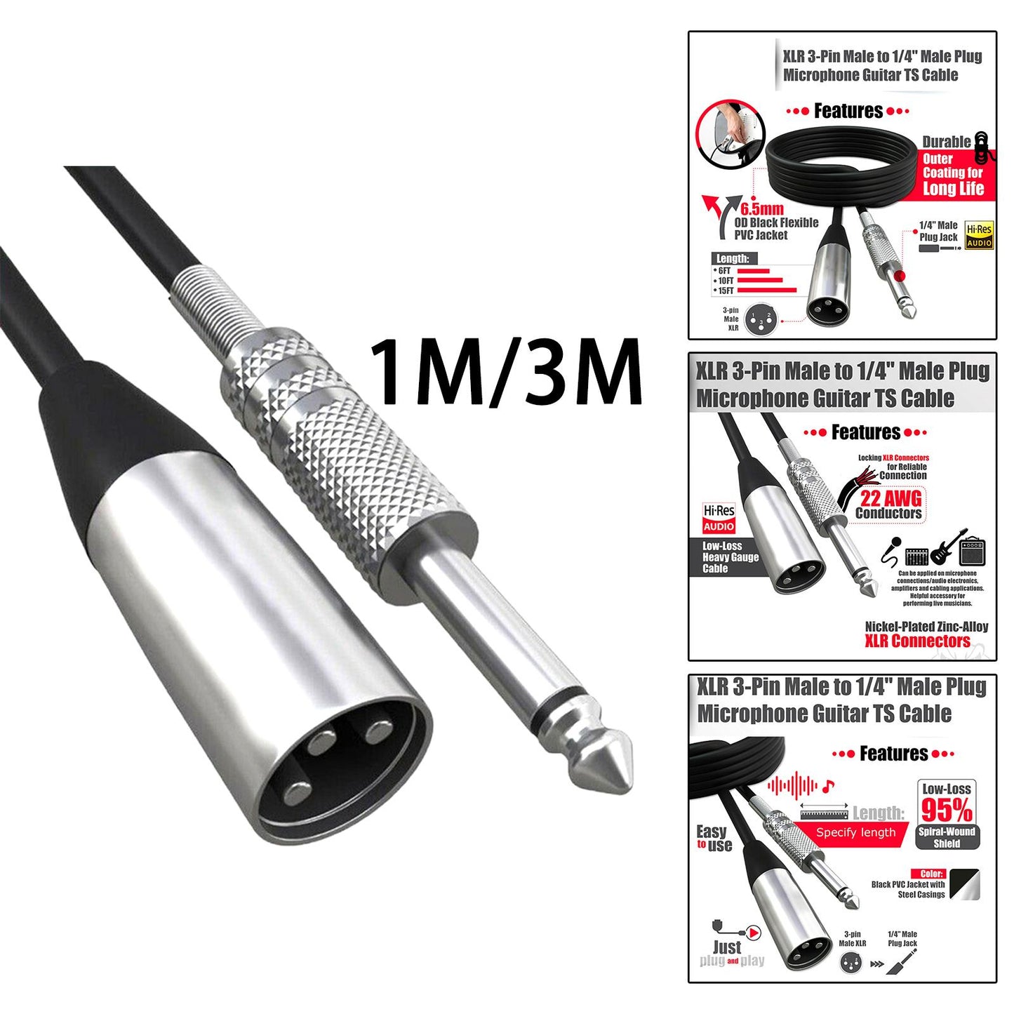 Mono Male (1/4 inch) 6.35mm to XLR Male Plug Cable Shielded Audio 1.5m
