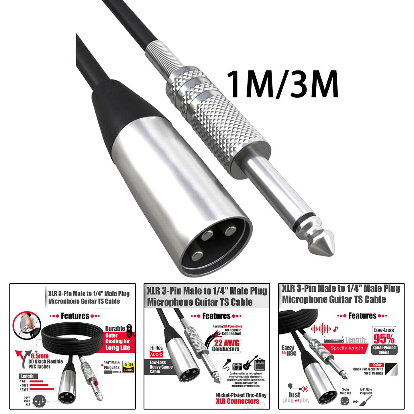 Mono Male (1/4 inch) 6.35mm to XLR Male Plug Cable Shielded Audio 1.5m
