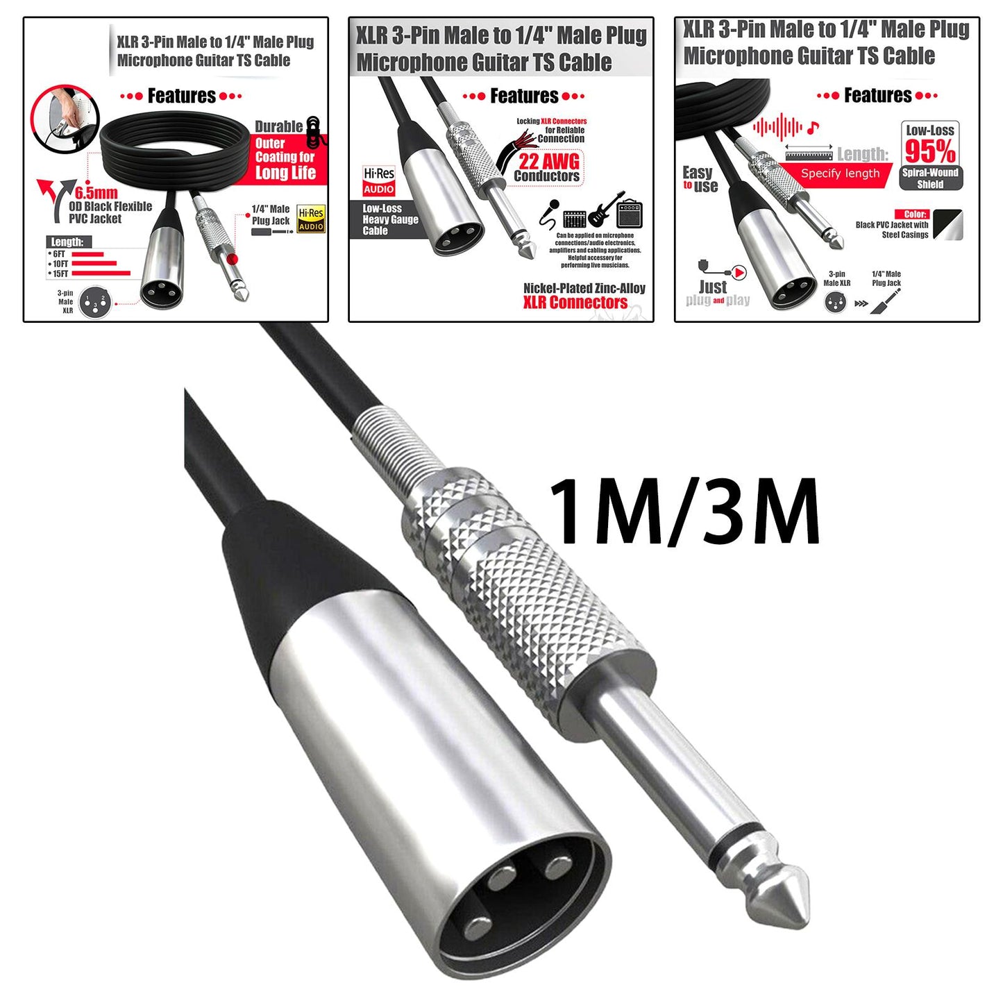 Mono Male (1/4 inch) 6.35mm to XLR Male Plug Cable Shielded Audio 1.5m