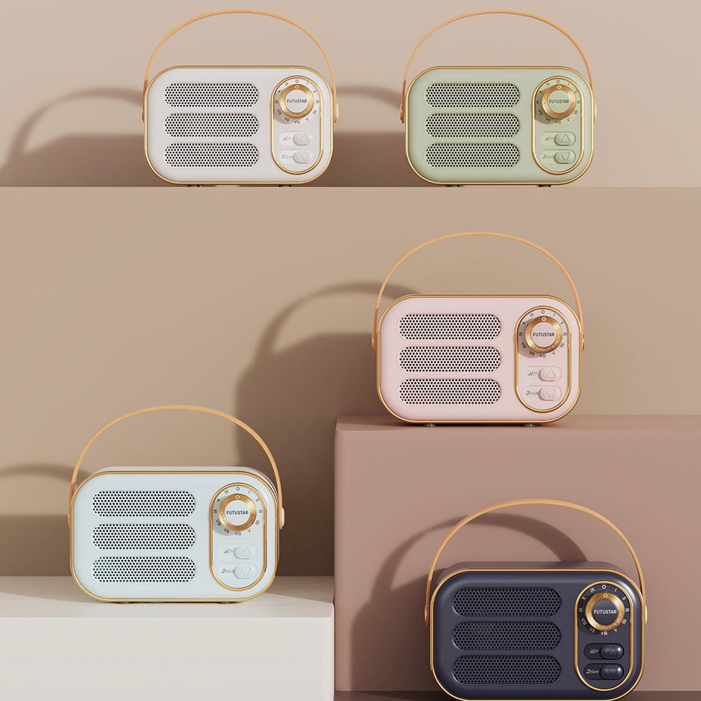 Cute Retro Style Speaker with PU Leather Handle V5.0 for Party Kitchen White