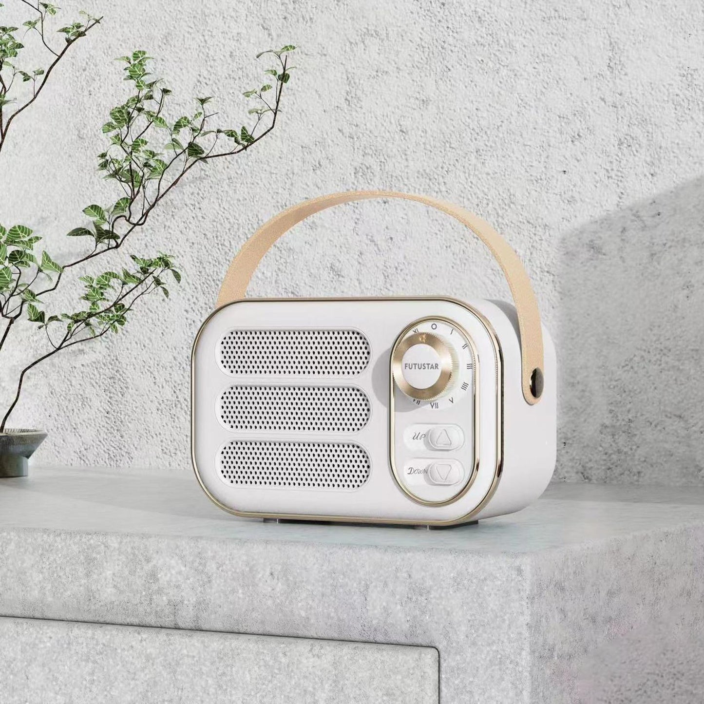 Cute Retro Style Speaker with PU Leather Handle V5.0 for Party Kitchen White