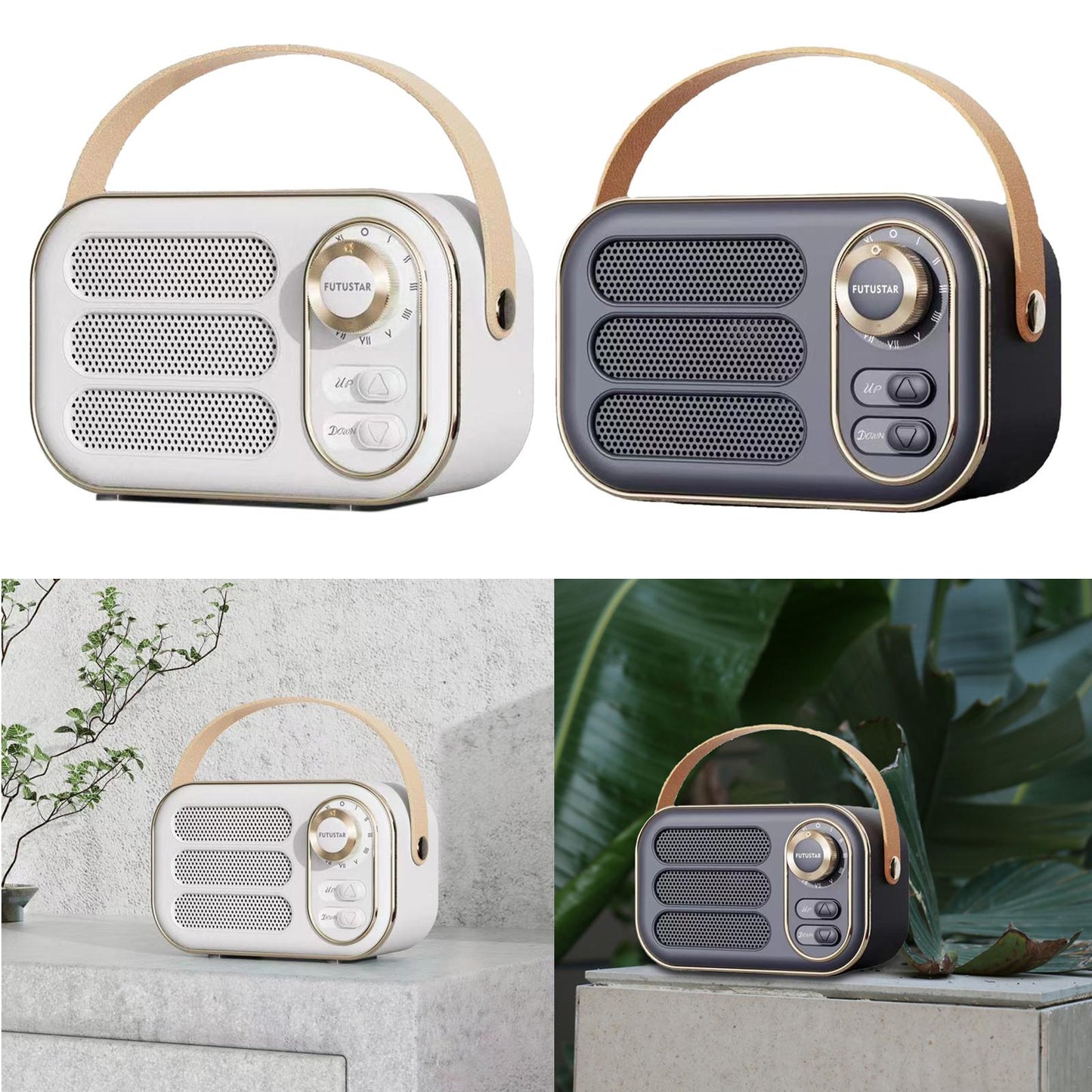 Cute Retro Style Speaker with PU Leather Handle V5.0 for Party Kitchen White
