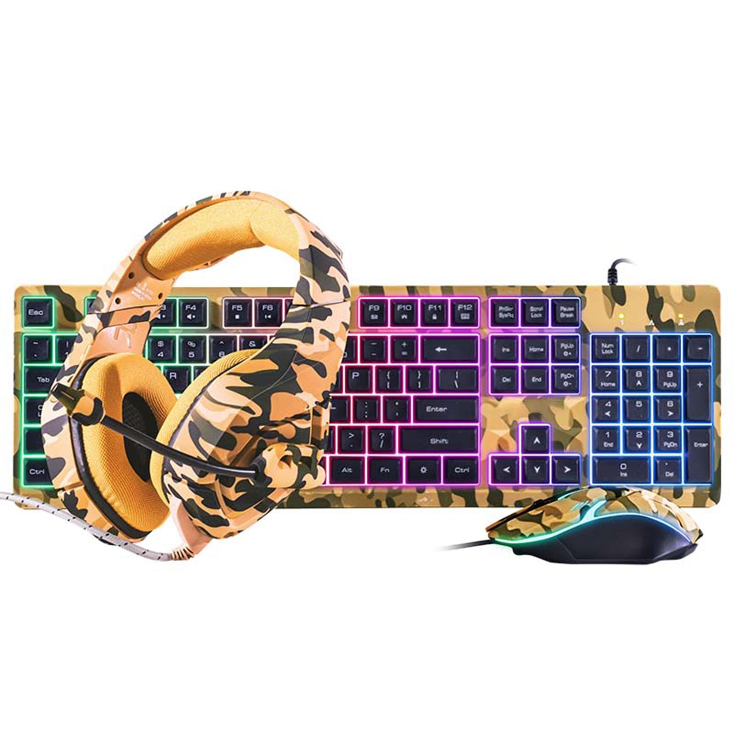 Keyboard Mouse Headphone Memory Foam Earmuffs Mouse Plug and Play Ergonomic Camouflage yellow