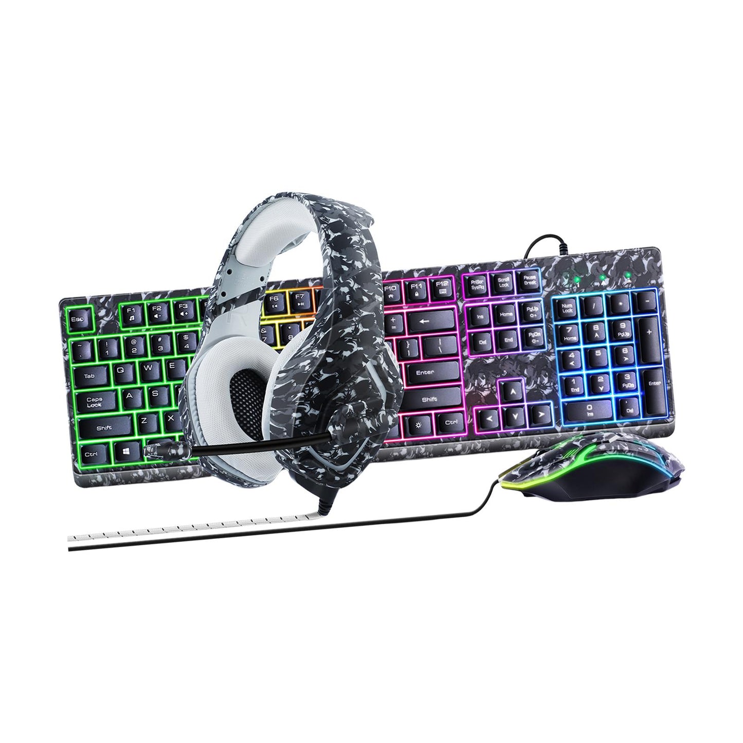 Keyboard Mouse Headphone Memory Foam Earmuffs Mouse Plug and Play Ergonomic Camouflage gray