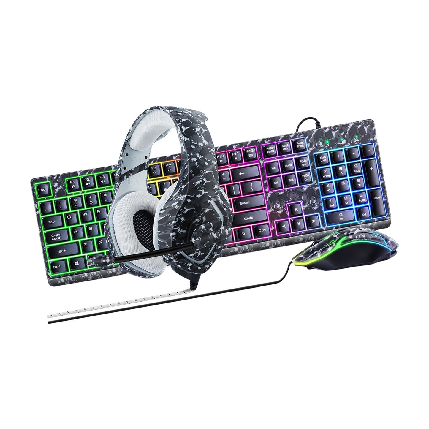 Keyboard Mouse Headphone Memory Foam Earmuffs Mouse Plug and Play Ergonomic Camouflage gray