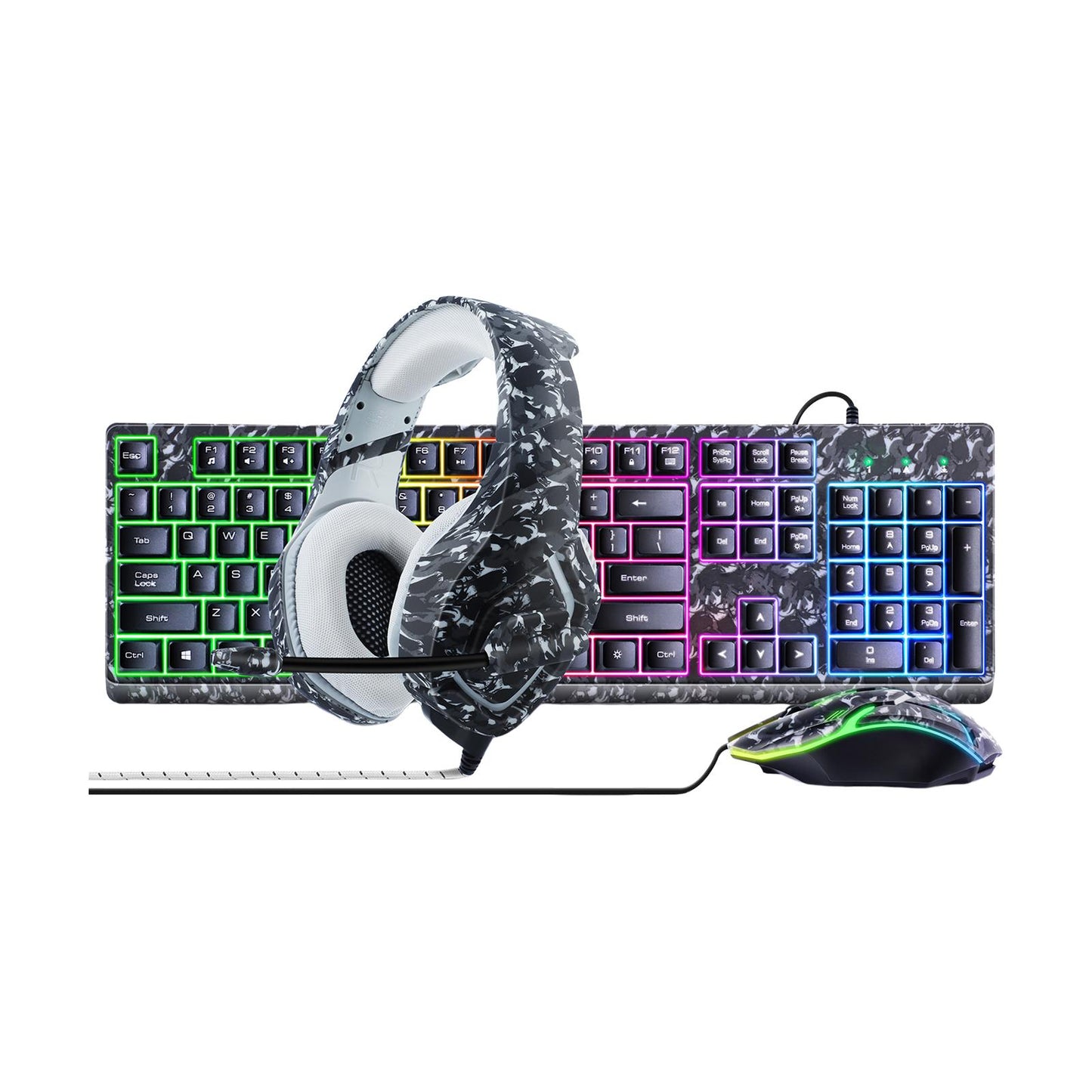 Keyboard Mouse Headphone Memory Foam Earmuffs Mouse Plug and Play Ergonomic Camouflage gray