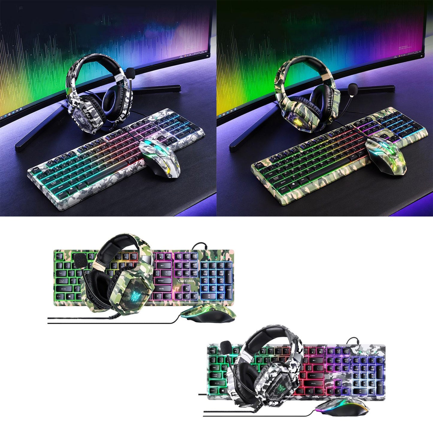 Keyboard Mouse Headphone Memory Foam Earmuffs Mouse Plug and Play Ergonomic Camouflage green