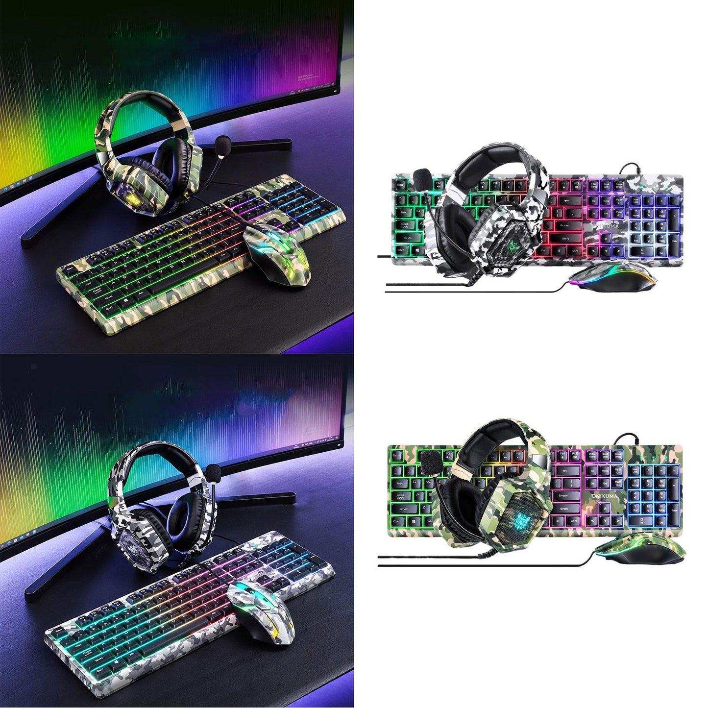 Keyboard Mouse Headphone Memory Foam Earmuffs Mouse Plug and Play Ergonomic Camouflage green