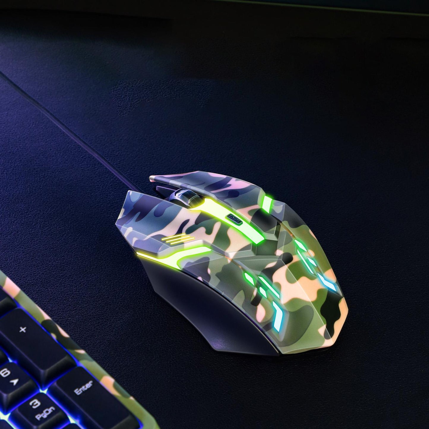 Keyboard Mouse Headphone Memory Foam Earmuffs Mouse Plug and Play Ergonomic Camouflage green