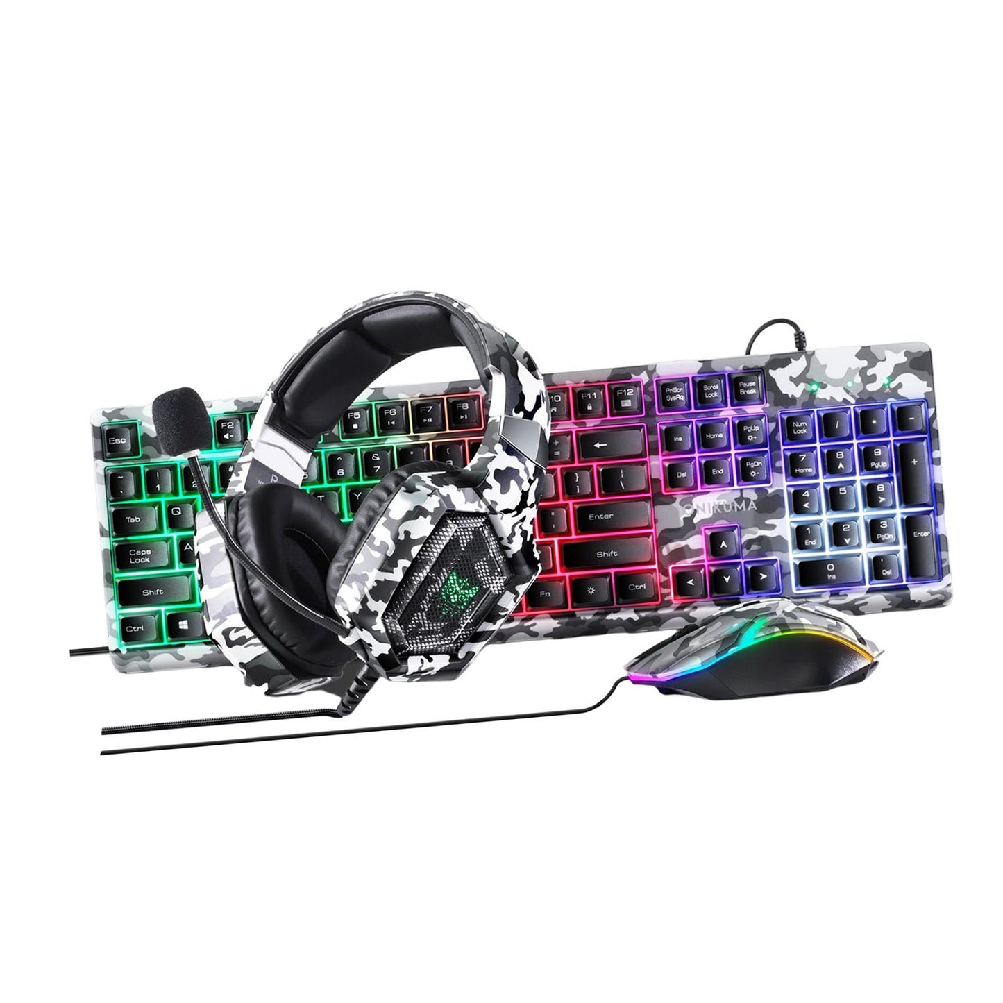 Keyboard Mouse Headphone Memory Foam Earmuffs Mouse Plug and Play Ergonomic Camouflage white