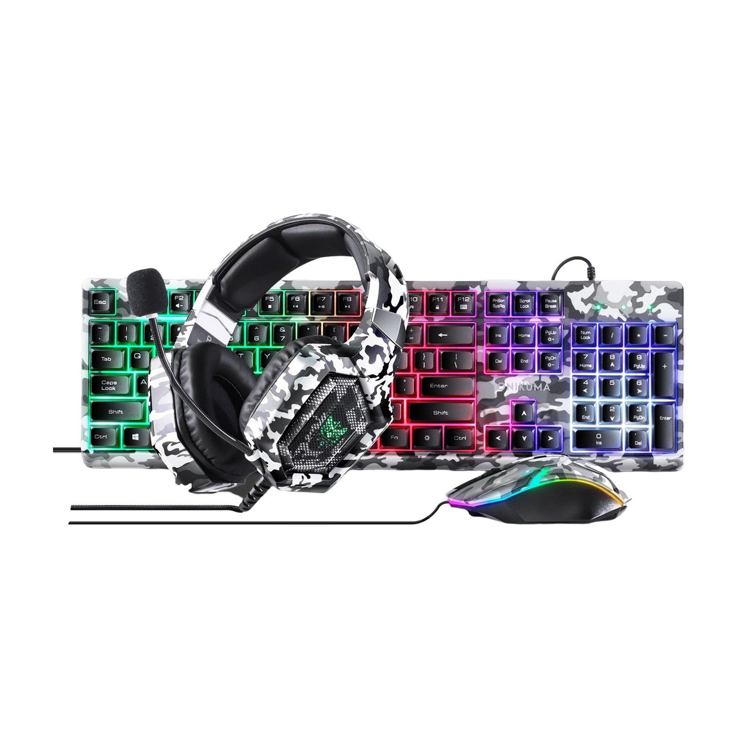 Keyboard Mouse Headphone Memory Foam Earmuffs Mouse Plug and Play Ergonomic Camouflage white