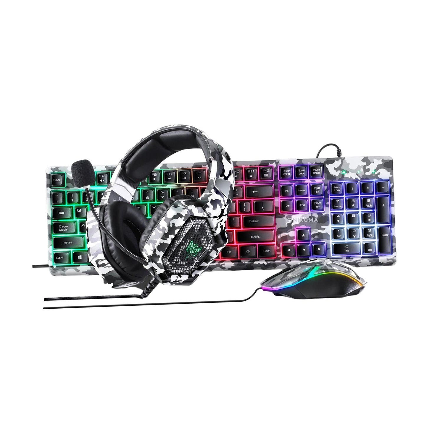Keyboard Mouse Headphone Memory Foam Earmuffs Mouse Plug and Play Ergonomic Camouflage white