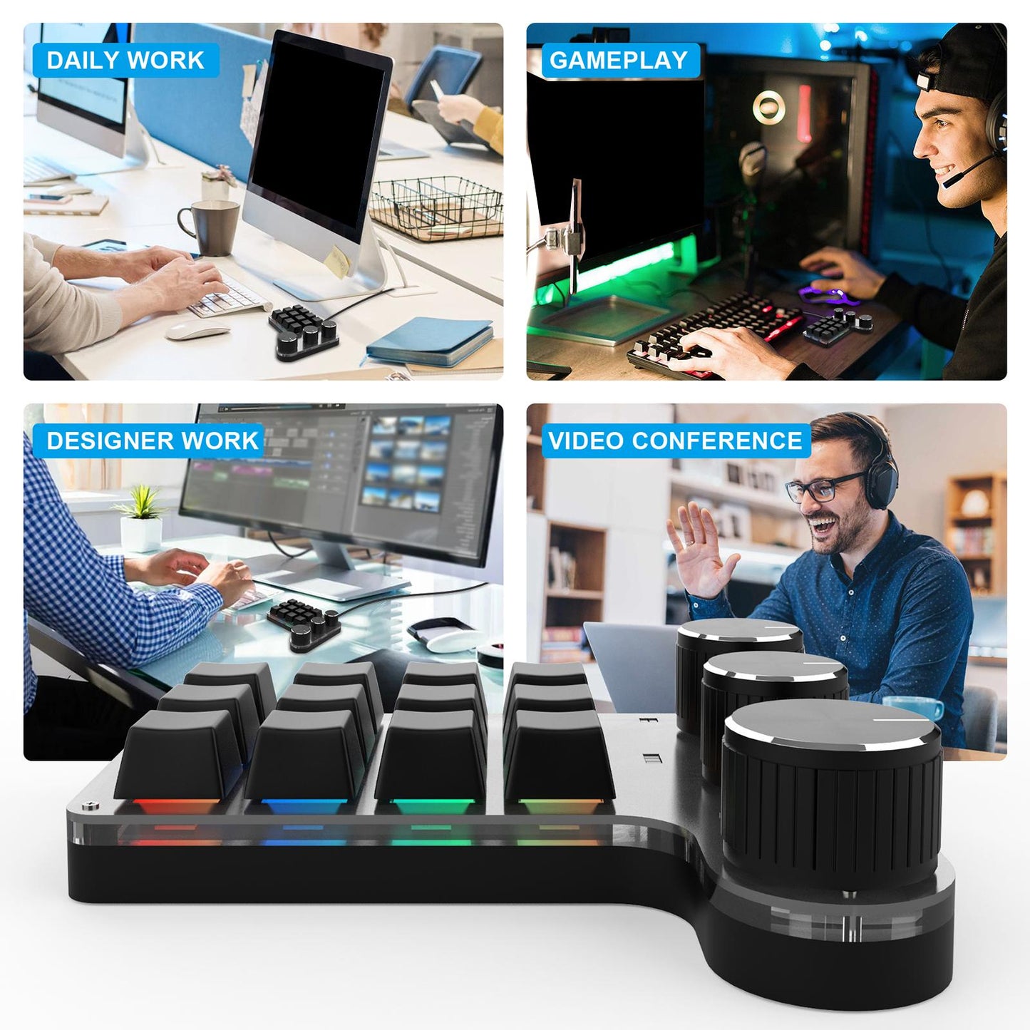 Portable Numeric Keypad 9 Keys 3 Knob Program RGB for PC Laptop Tablet Black