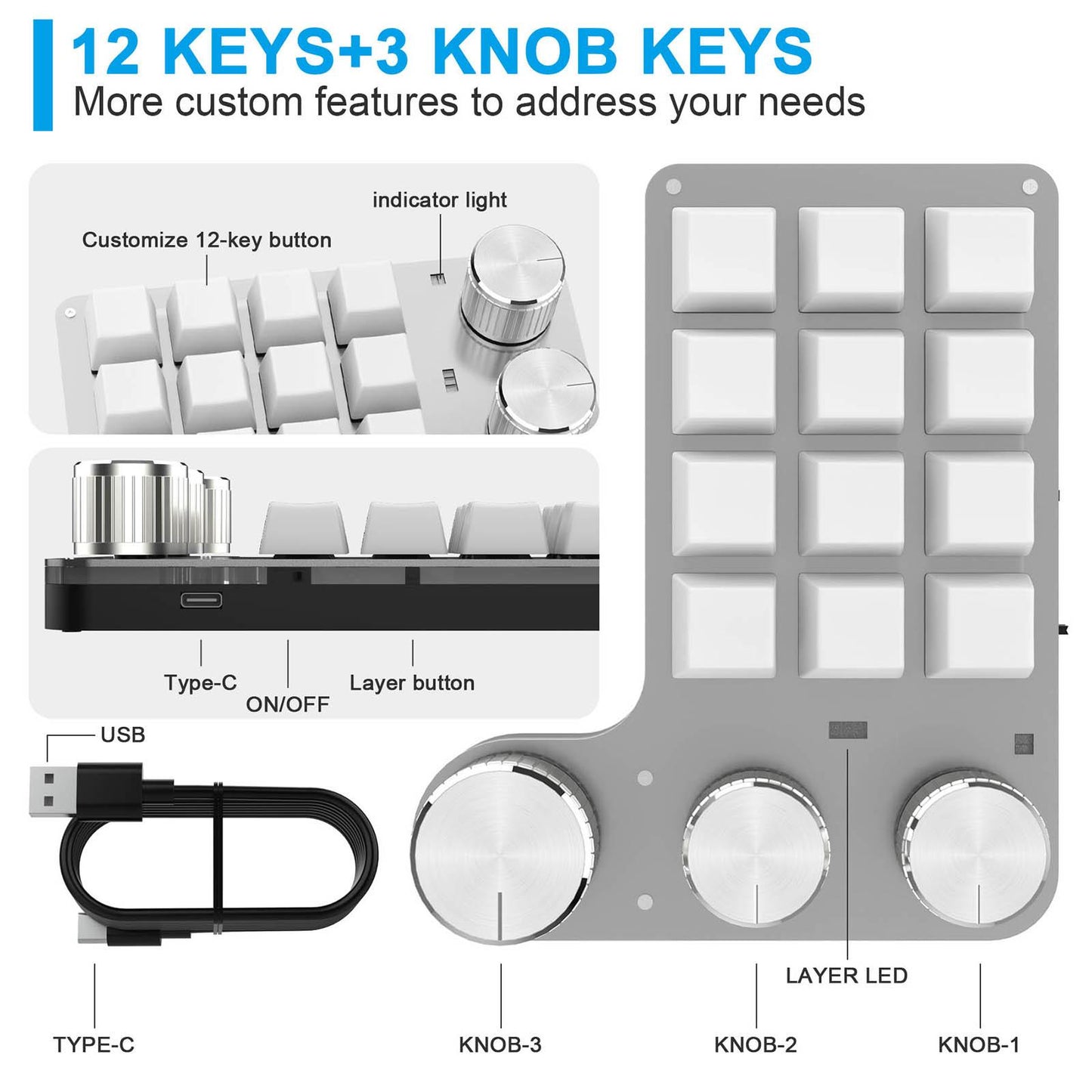 Portable Numeric Keypad 9 Keys 3 Knob Program RGB for PC Laptop Tablet White