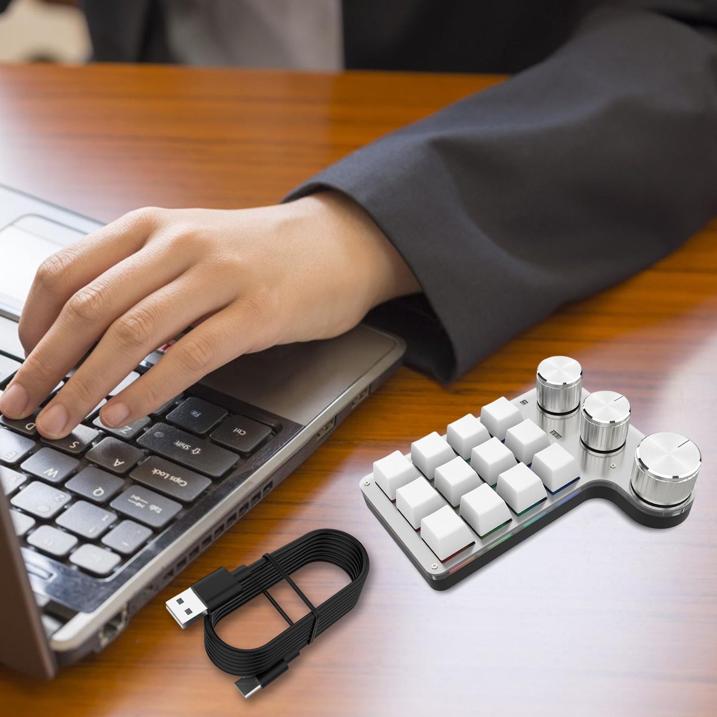 Portable Numeric Keypad 9 Keys 3 Knob Program RGB for PC Laptop Tablet White