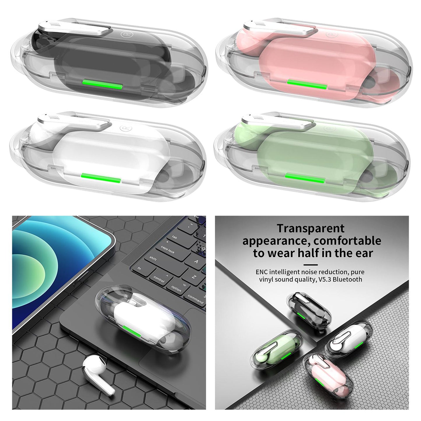 Single Wireless Earphone with Mic Headphone for Outdoor Video Game Music Gym Black