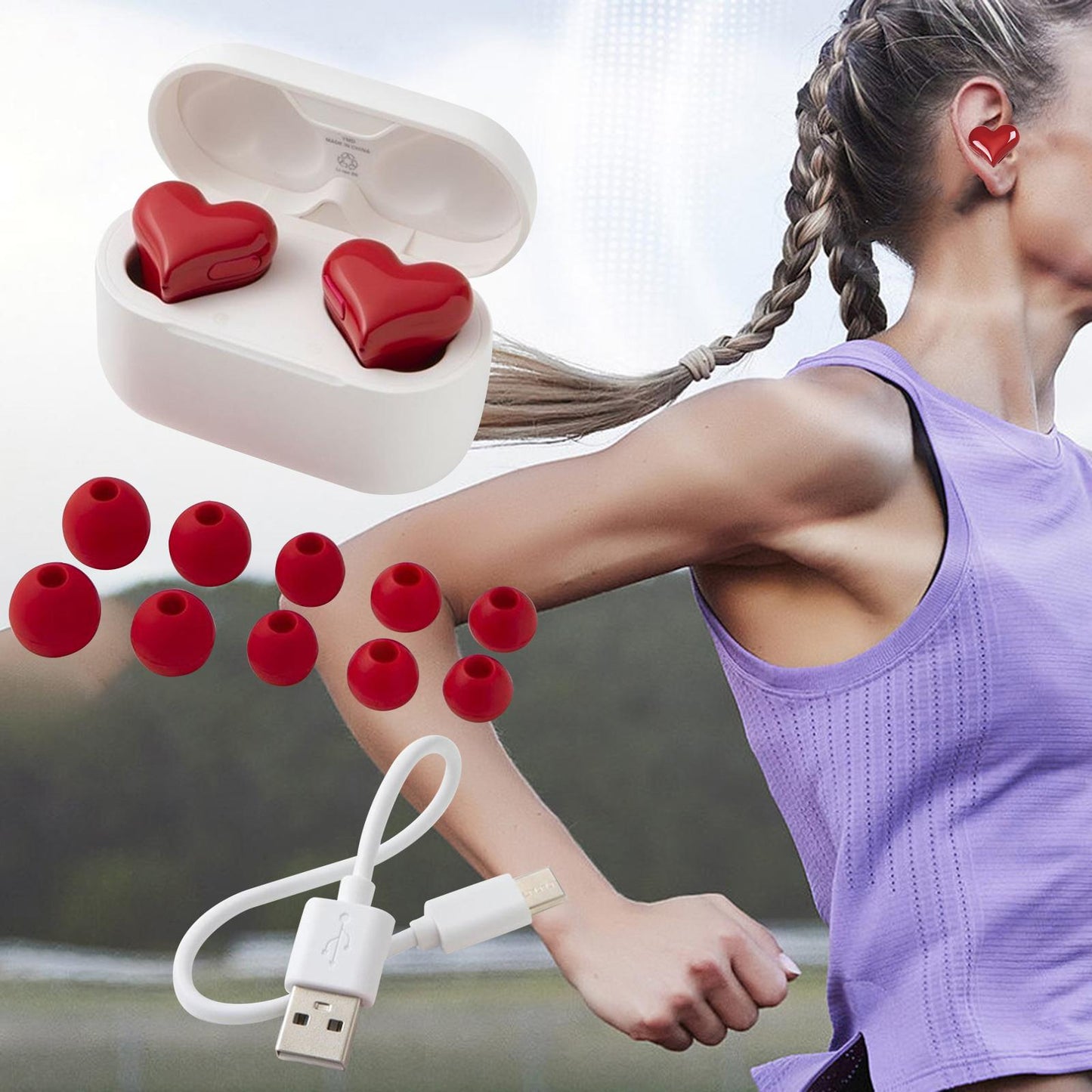Wireless Earbuds Heart Shape Stereo in Ear Earphones for Gym Workout Driving