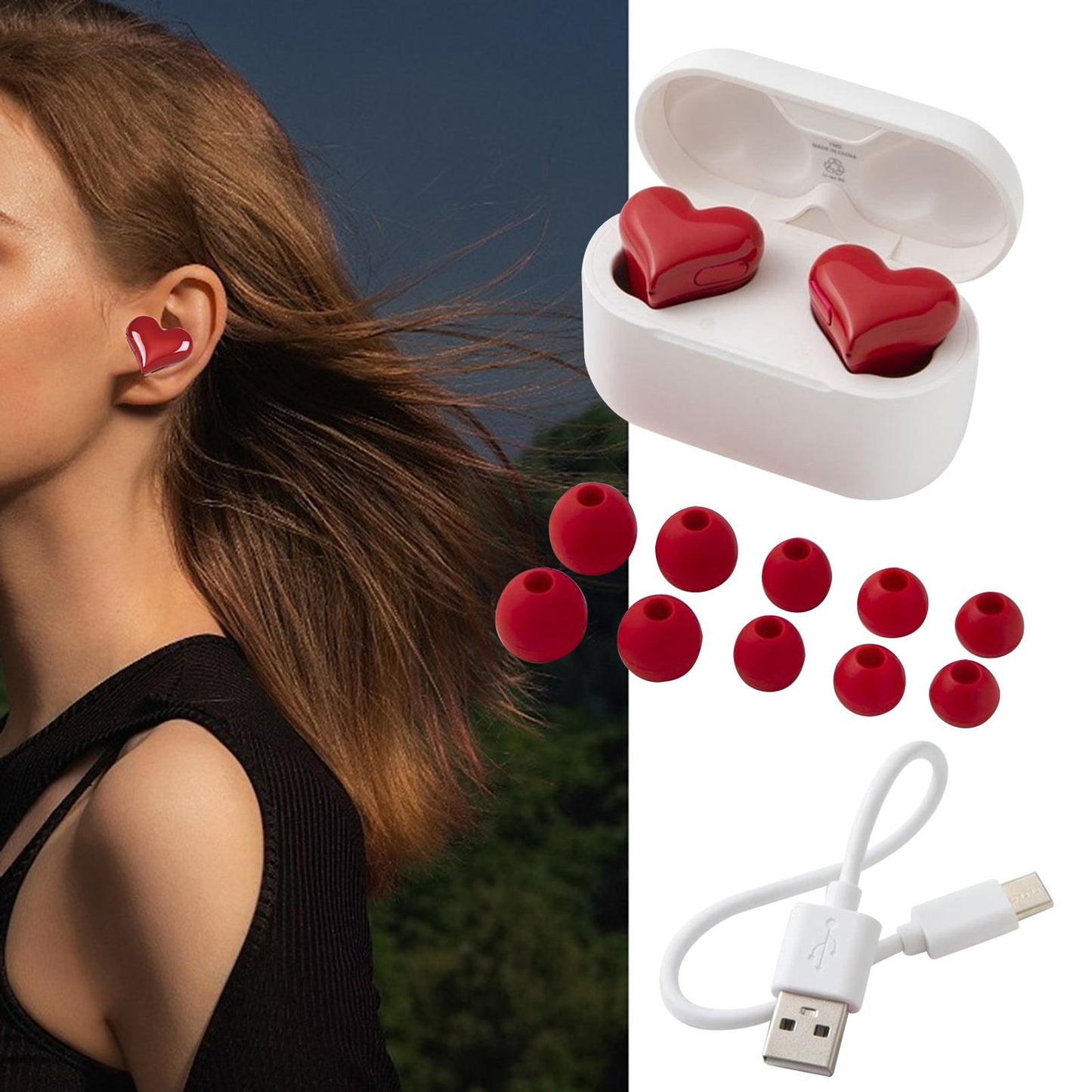 Wireless Earbuds Heart Shape Stereo in Ear Earphones for Gym Workout Driving