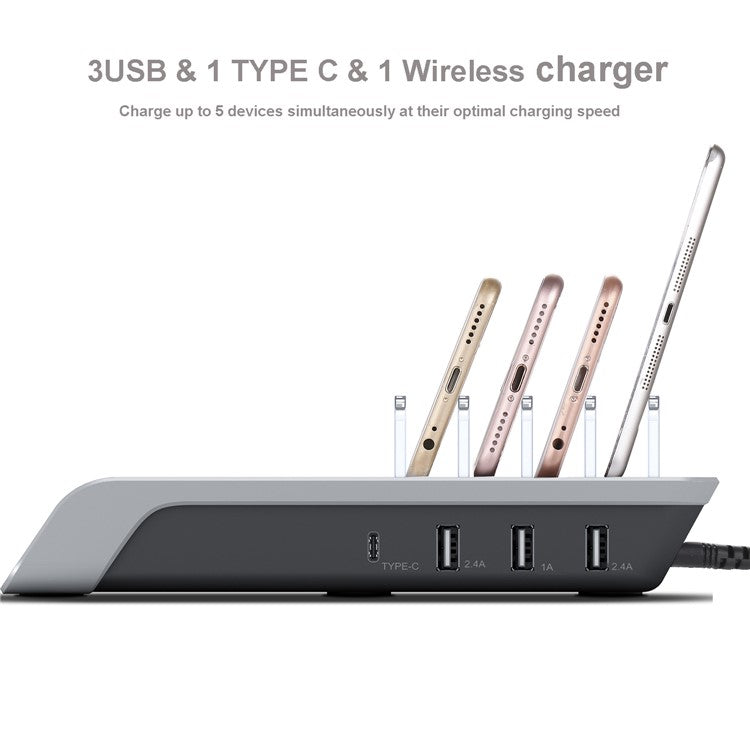 YD09 Multiple Charger Dock Organizer Stand 4 USB Ports Desktop Charging Station QI Wireless Charging Pad
