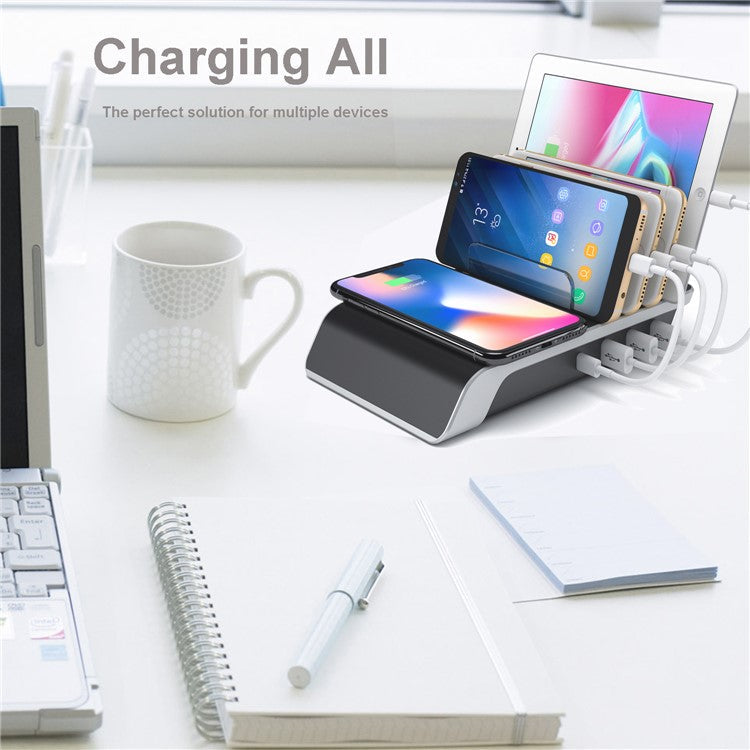 YD09 Multiple Charger Dock Organizer Stand 4 USB Ports Desktop Charging Station QI Wireless Charging Pad